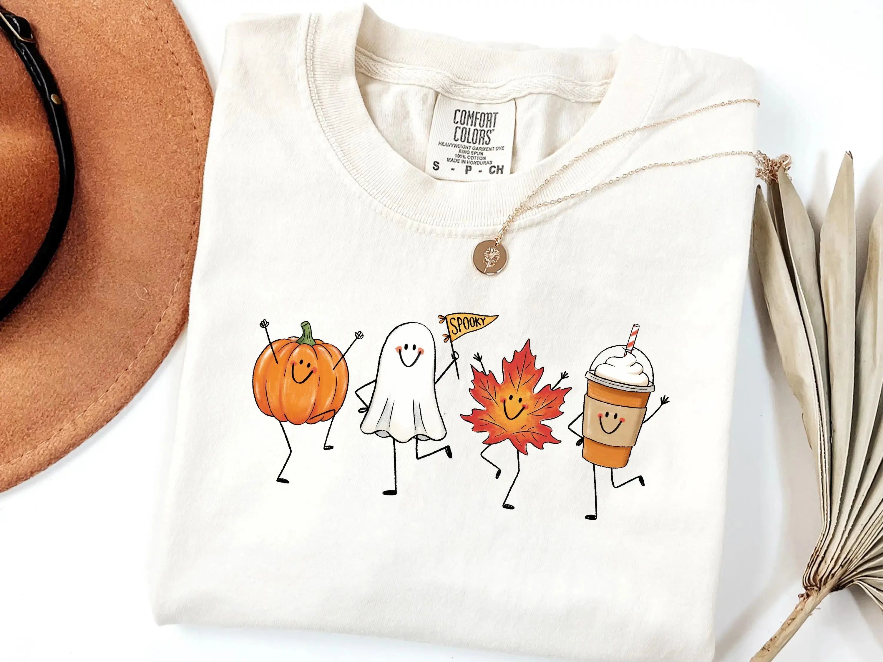 Fall Pumpkin Ghost Maple Leaf Spice Latte Comfort Colors Tee, Cute Autumn Halloween Spooky Season Graphic Shirt - photo 3