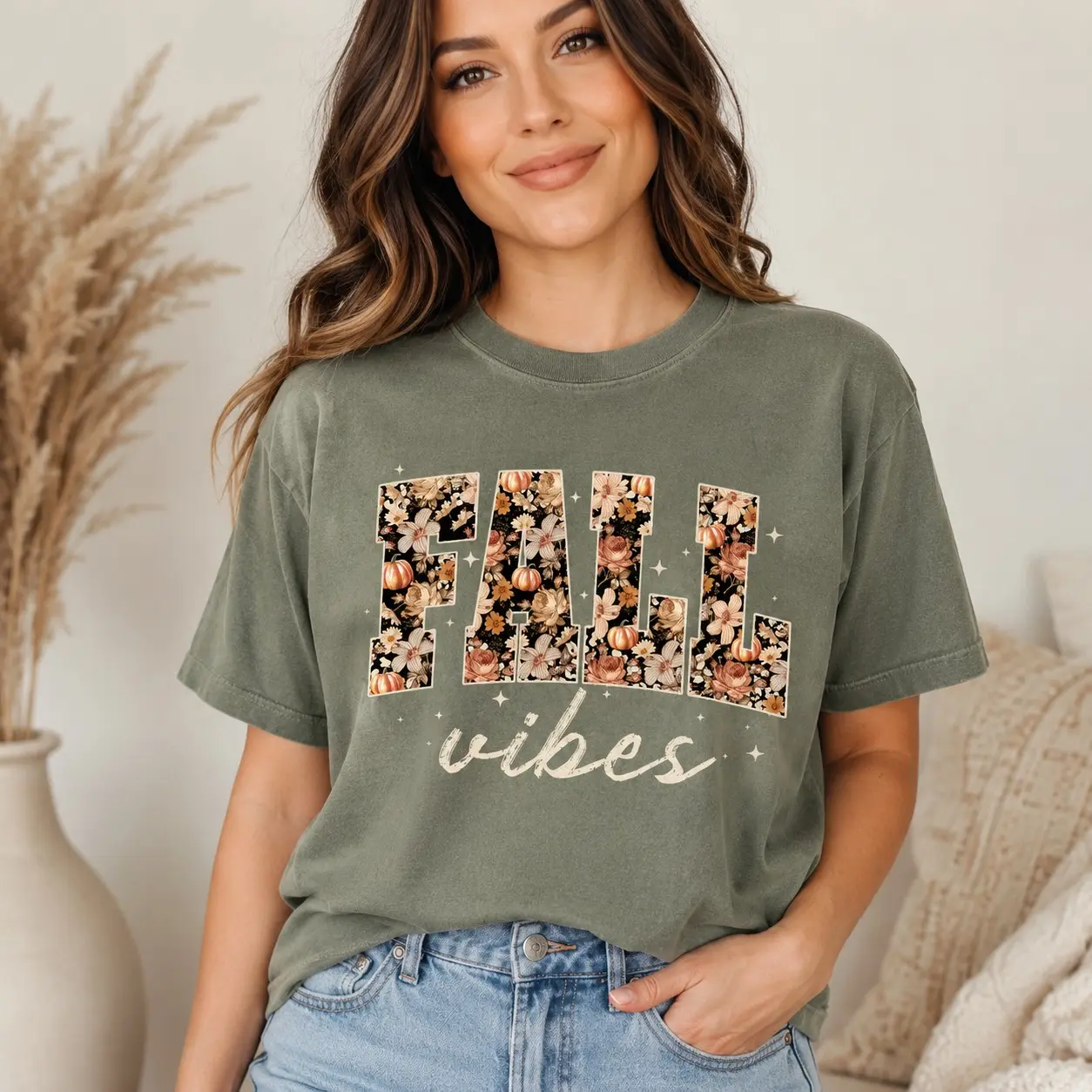 Comfort Colors Fall Vibes Shirt, Floral Pumpkin Cozy Autumn Graphic Tee