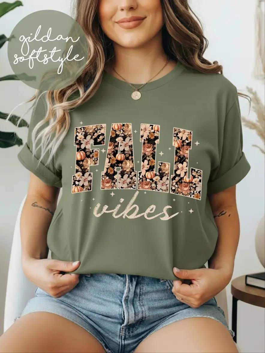 Comfort Colors Fall Vibes Shirt, Floral Pumpkin Cozy Autumn Graphic Tee - photo 2