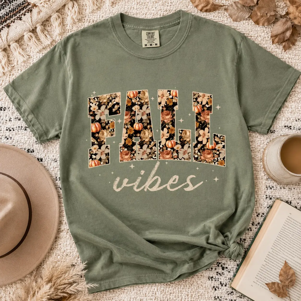 Comfort Colors Fall Vibes Shirt, Floral Pumpkin Cozy Autumn Graphic Tee - photo 3
