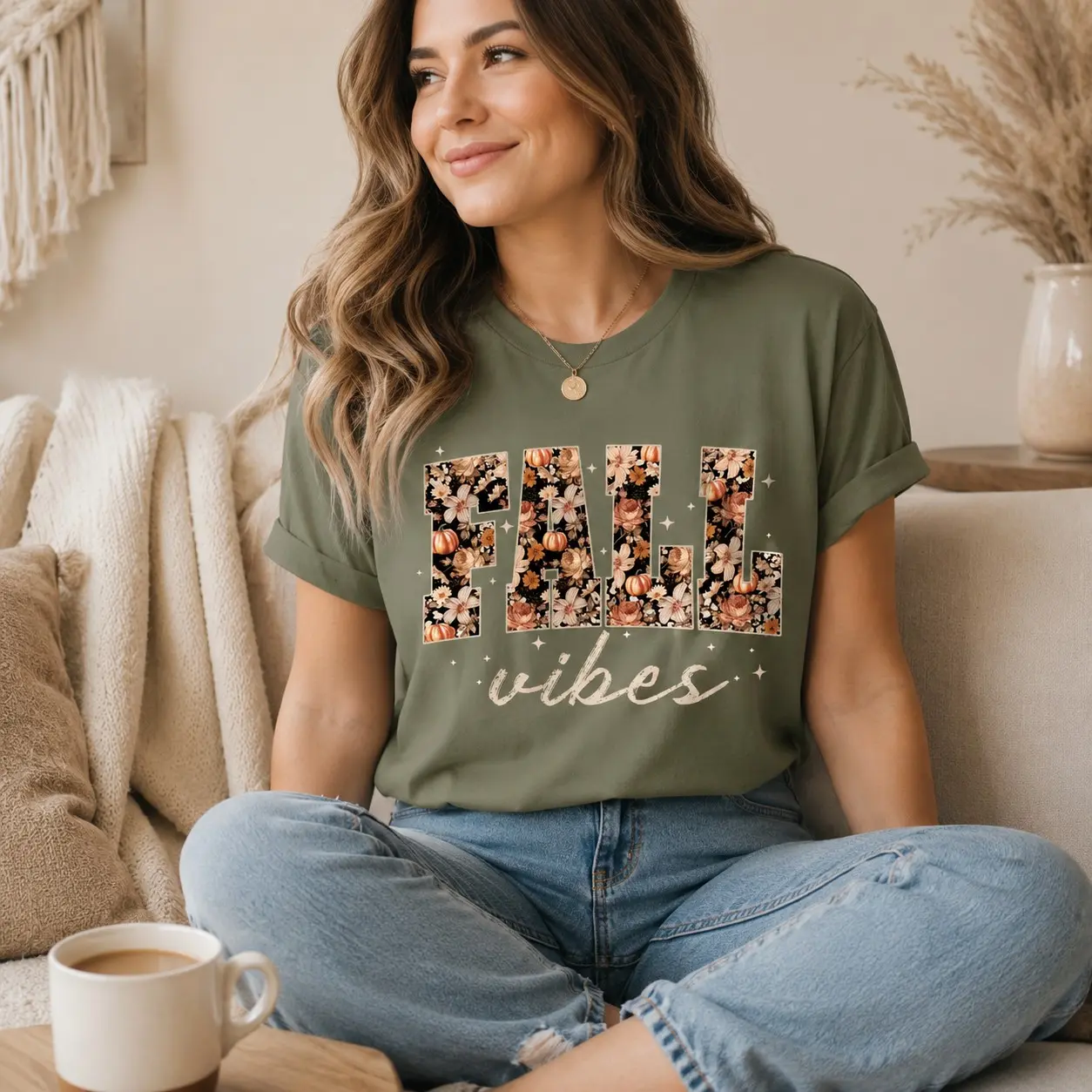 Comfort Colors Fall Vibes Shirt, Floral Pumpkin Cozy Autumn Graphic Tee - photo 5