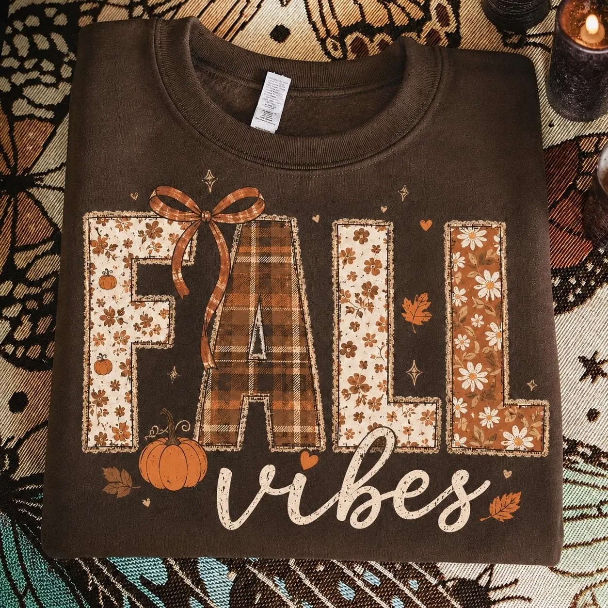 Fall Vibes Sweatshirt, Cute Autumn Floral Plaid Bow Pumpkin Graphic Crewneck, Cozy Thanksgiving Gift