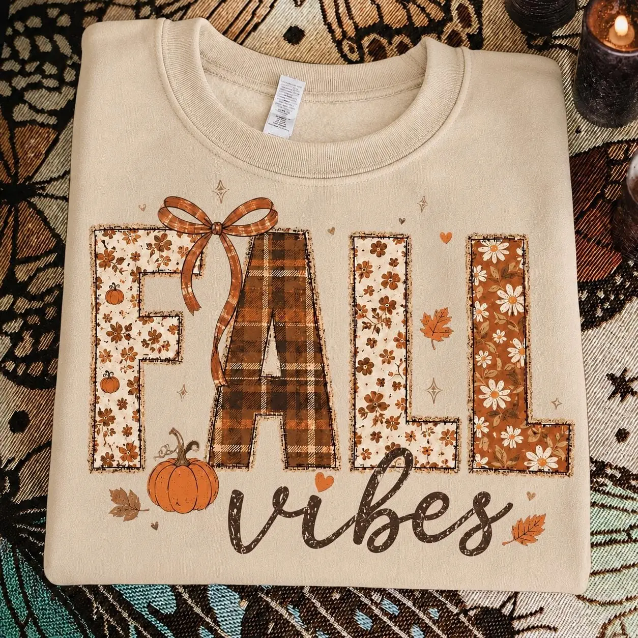 Fall Vibes Sweatshirt, Cute Autumn Floral Plaid Bow Pumpkin Graphic Crewneck, Cozy Thanksgiving Gift - photo 2
