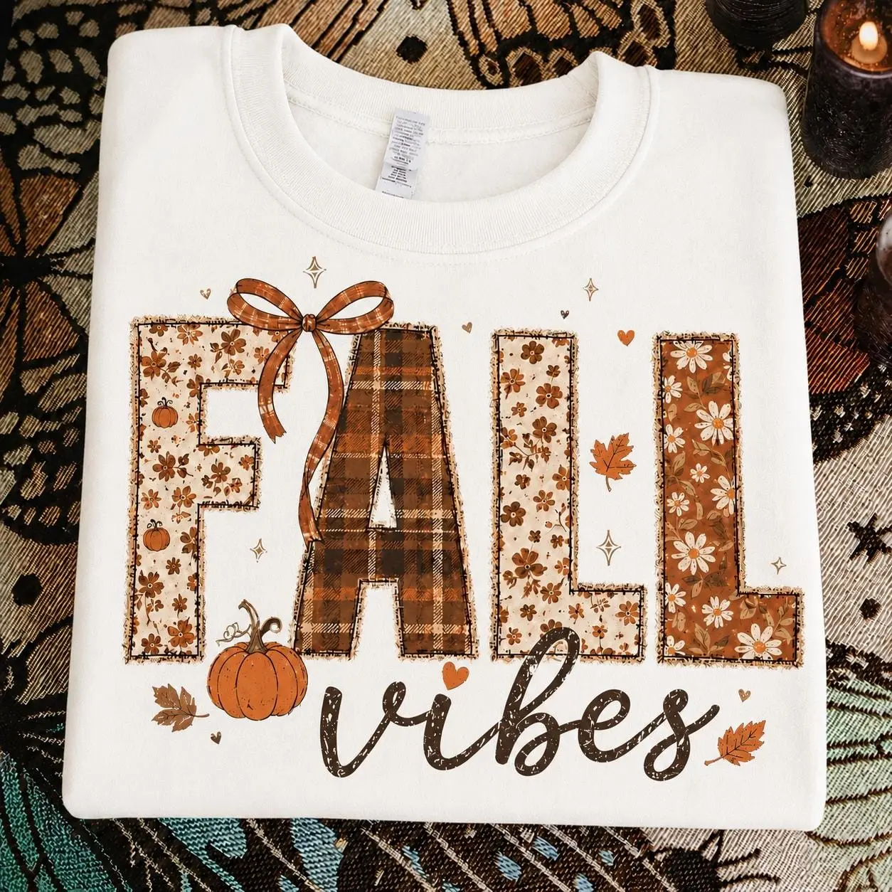 Fall Vibes Sweatshirt, Cute Autumn Floral Plaid Bow Pumpkin Graphic Crewneck, Cozy Thanksgiving Gift - photo 3