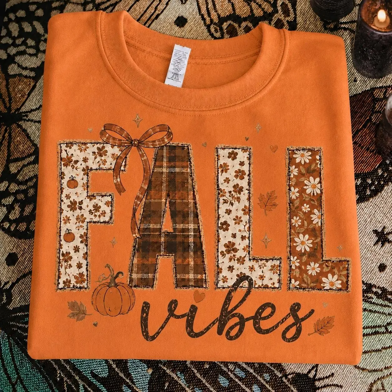 Fall Vibes Sweatshirt, Cute Autumn Floral Plaid Bow Pumpkin Graphic Crewneck, Cozy Thanksgiving Gift - photo 4