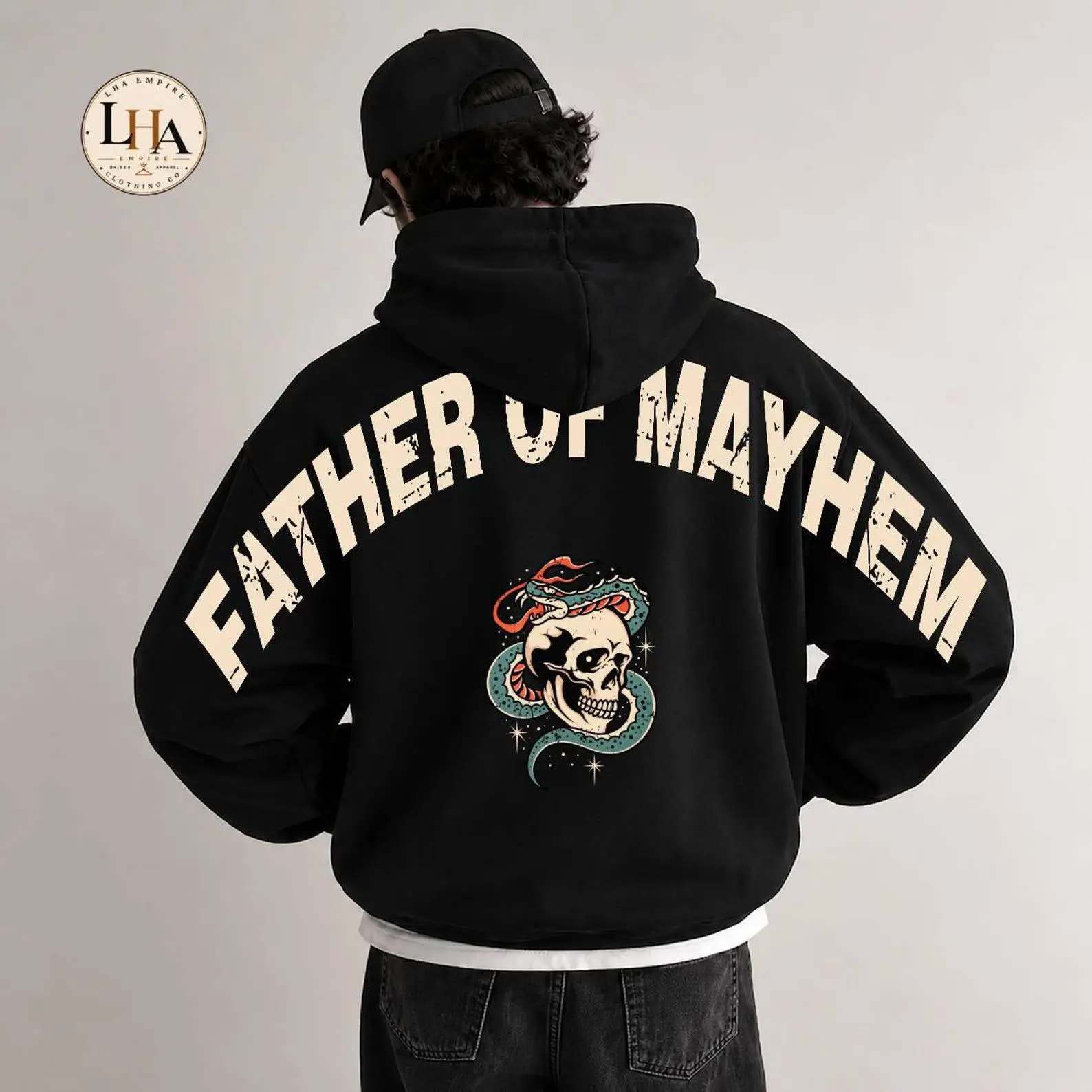 Father Of Mayhem Across Back Hoodie, Skull Snake Halloween Shoulder-To-Shoulder Lettering Dad Gift