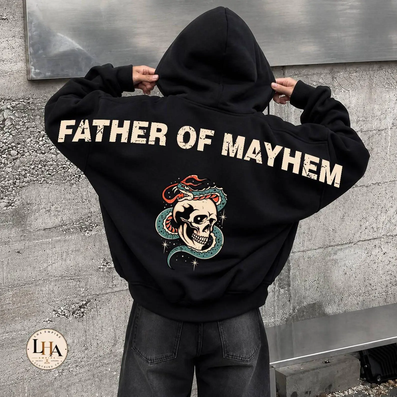 Father Of Mayhem Across Back Hoodie, Skull Snake Halloween Shoulder-To-Shoulder Lettering Dad Gift - photo 3