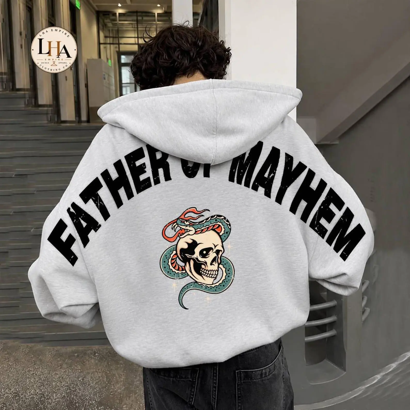 Father Of Mayhem Across Back Sweatshirt, Skull Snake Halloween Shoulder-To-Shoulder Lettering Dad Gift - photo 2