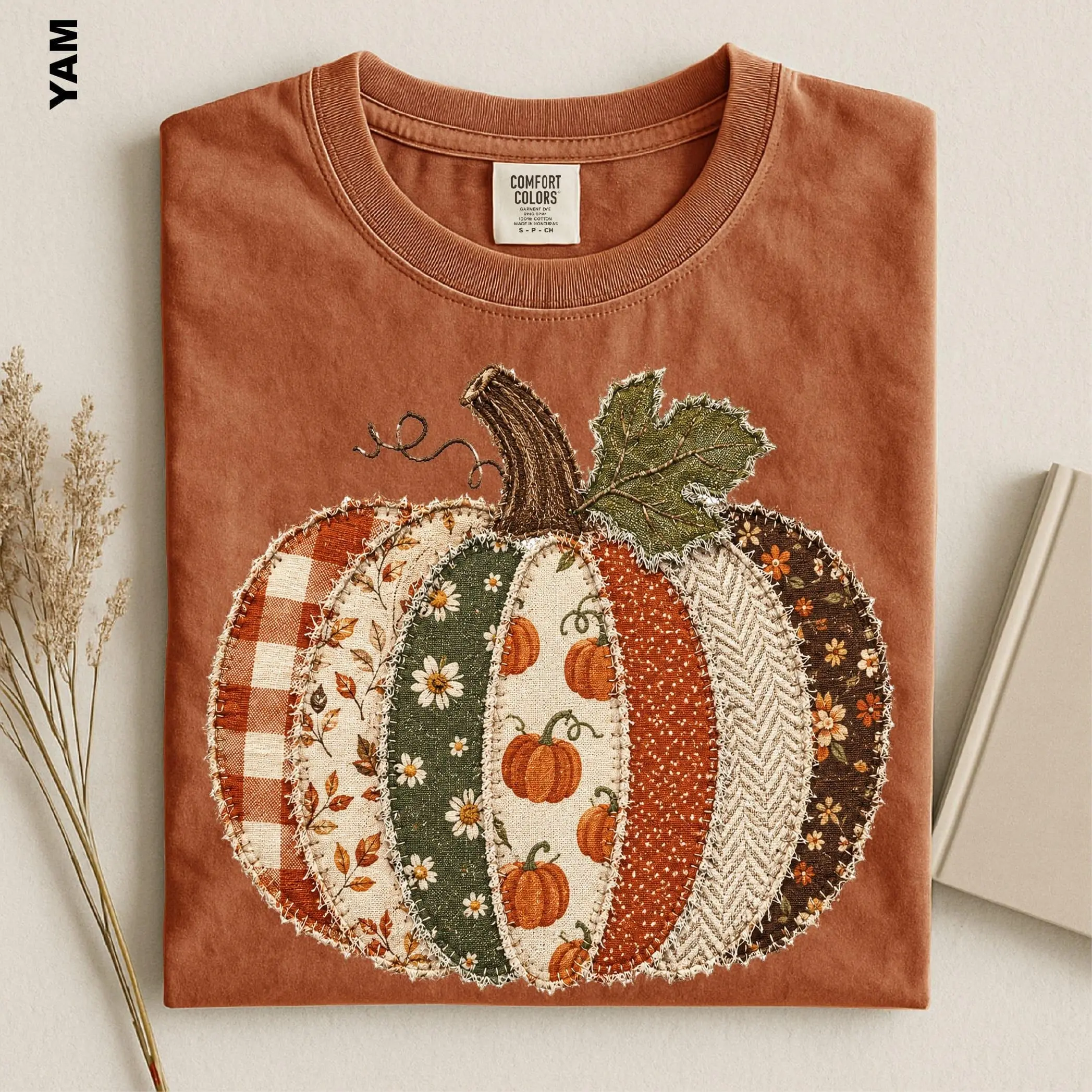 Faux Patchwork Fall Pumpkin Sweatshirt, Comfort Colors Checkered Autumn Thanksgiving Crewneck for Women