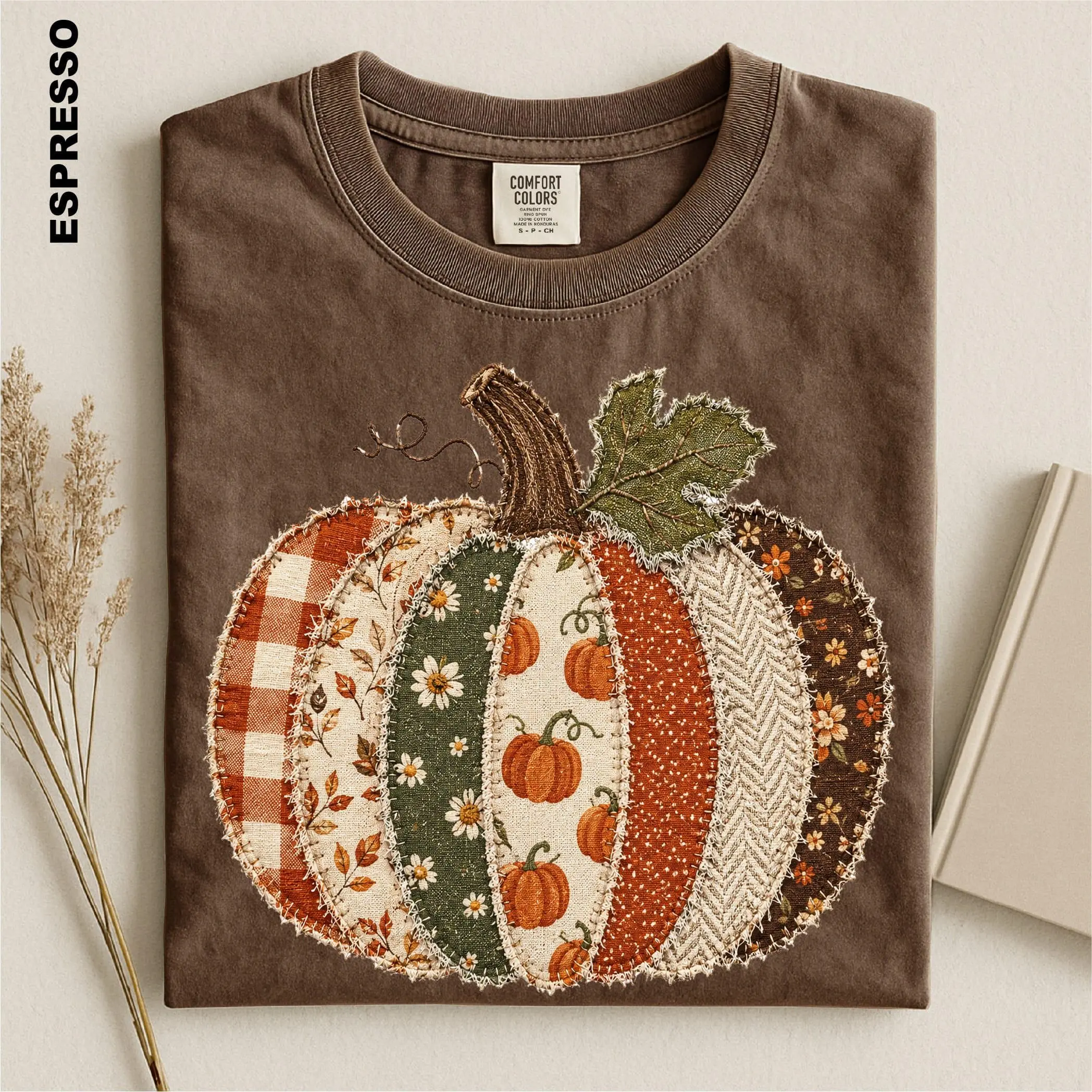 Faux Patchwork Fall Pumpkin Sweatshirt, Comfort Colors Checkered Autumn Thanksgiving Crewneck for Women - photo 2