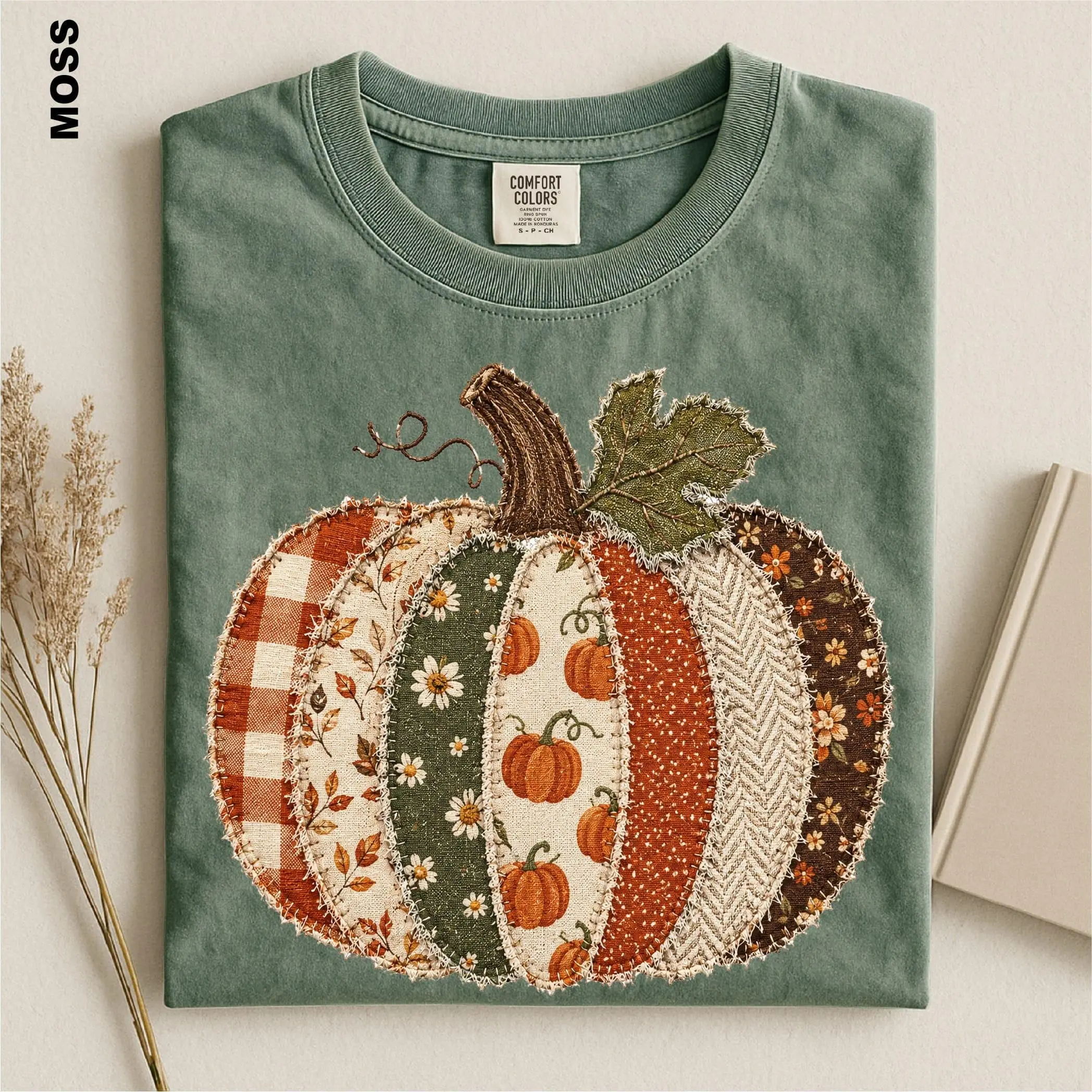 Faux Patchwork Fall Pumpkin Sweatshirt, Comfort Colors Checkered Autumn Thanksgiving Crewneck for Women - photo 4