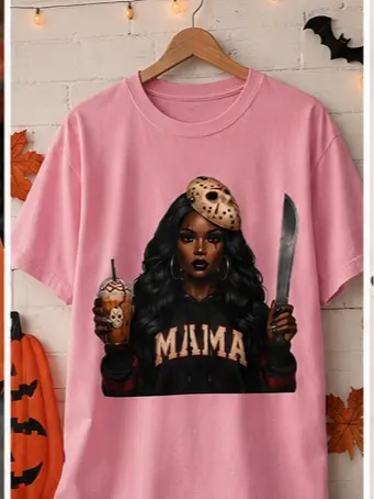 Feral Spooky Mama Halloween T-Shirt, Gothic Mom Graphic Tee, Pink and Black Alternative Top for Women - photo 2
