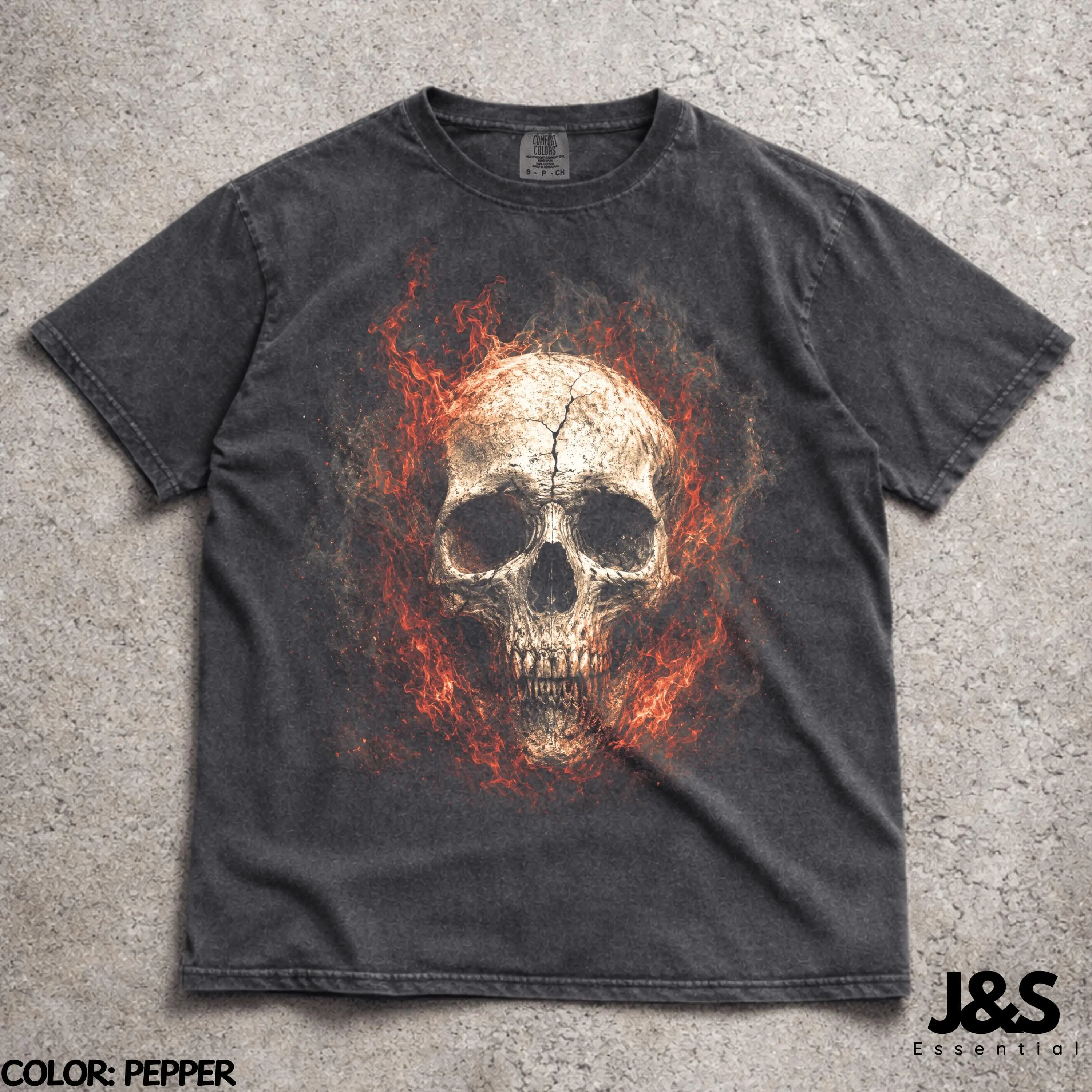Flaming Skull Shirt, Gothic Fire Dark Horror Graphic Tee, Heavy Metal Goth Aesthetic Halloween Clothing Top