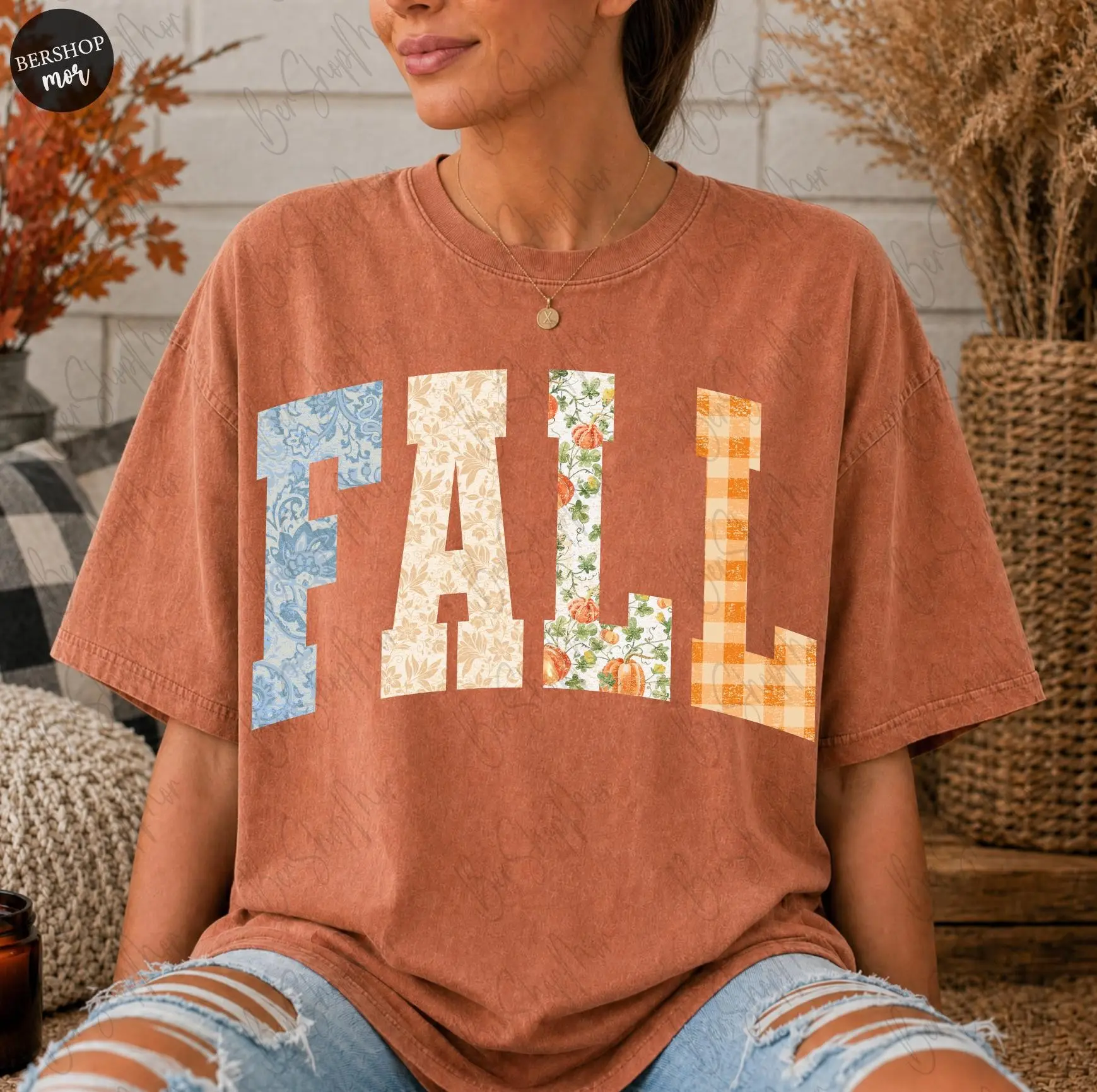 Flannel Fall Letters Shirt, Cozy Autumn Pumpkin Season Mom Vibes Graphic Tee for Women