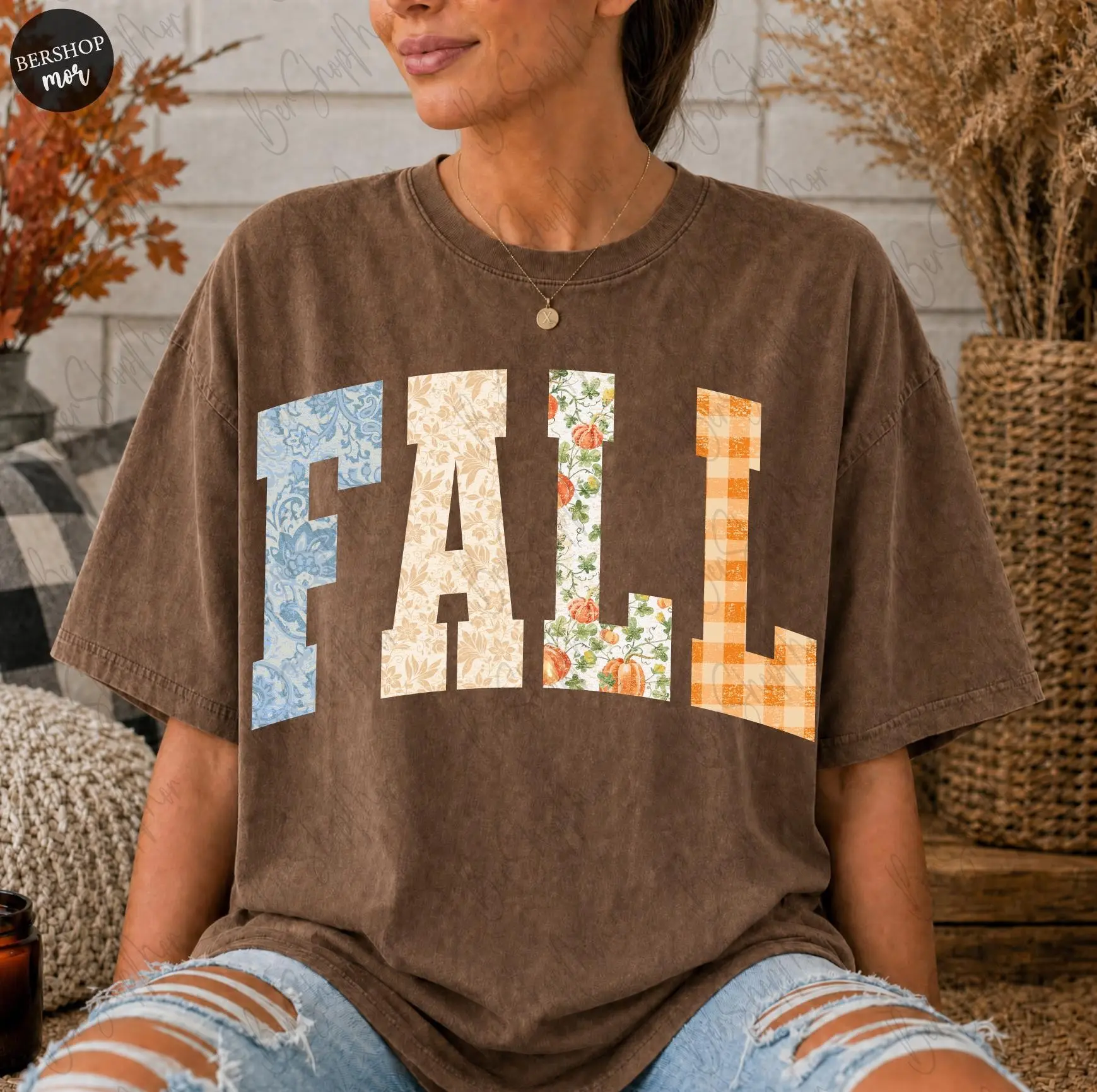 Flannel Fall Letters Shirt, Cozy Autumn Pumpkin Season Mom Vibes Graphic Tee for Women - photo 2