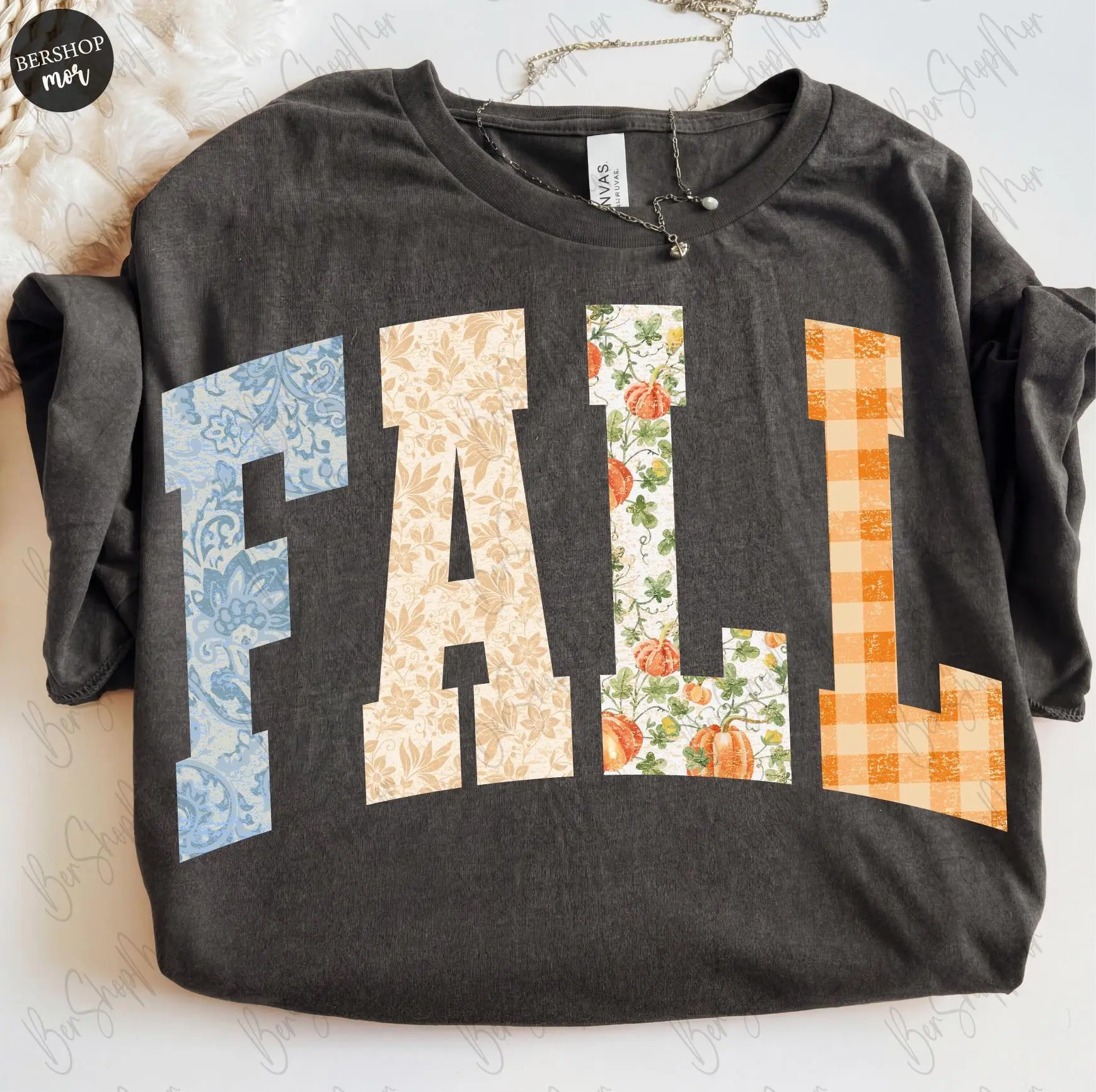 Flannel Fall Letters Shirt, Cozy Autumn Pumpkin Season Mom Vibes Graphic Tee for Women - photo 3