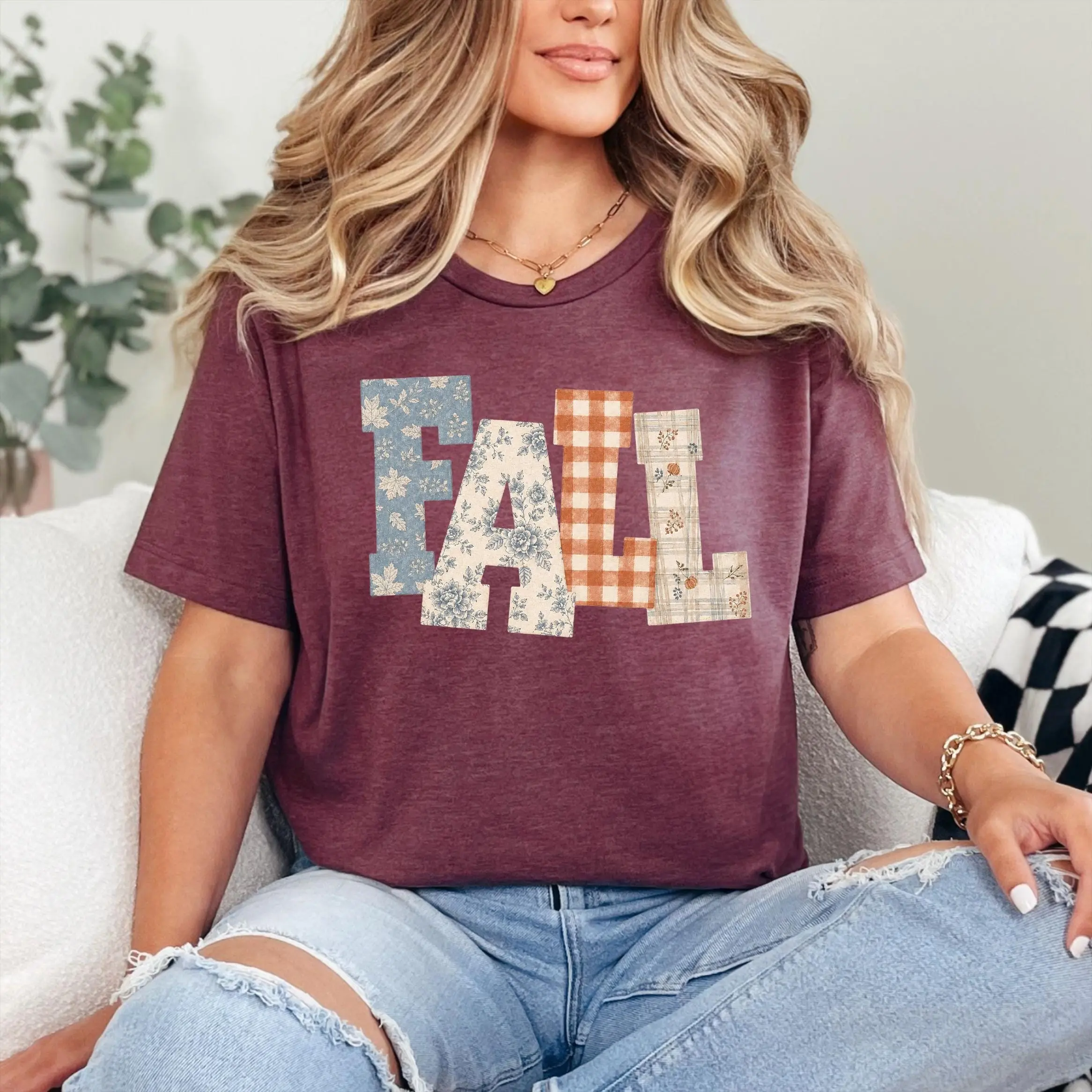 Flannel Fall Letters Shirt, Cozy Autumn Plaid Print Graphic Tee, Casual Short Sleeve Top for Mom