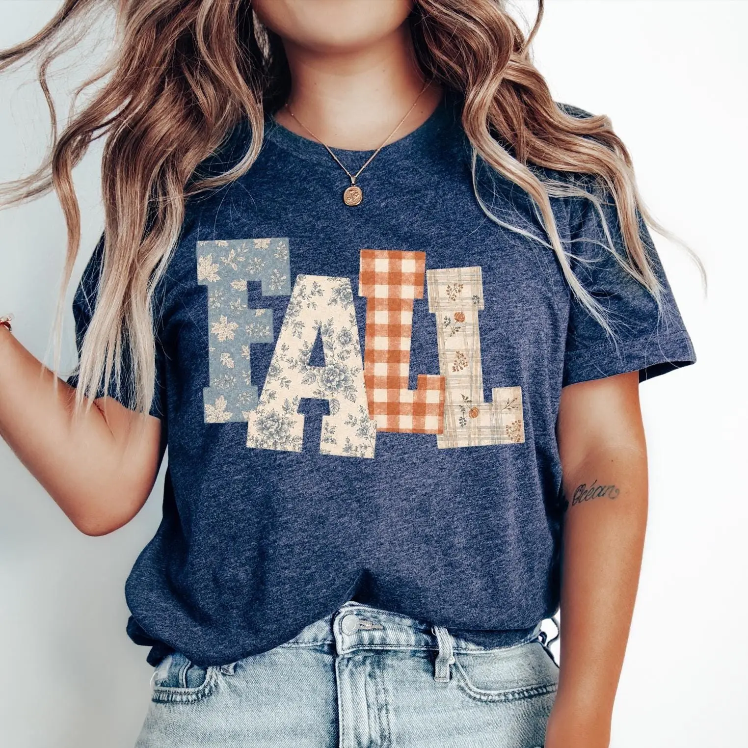 Flannel Fall Letters Shirt, Cozy Autumn Plaid Print Graphic Tee, Casual Short Sleeve Top for Mom - photo 2