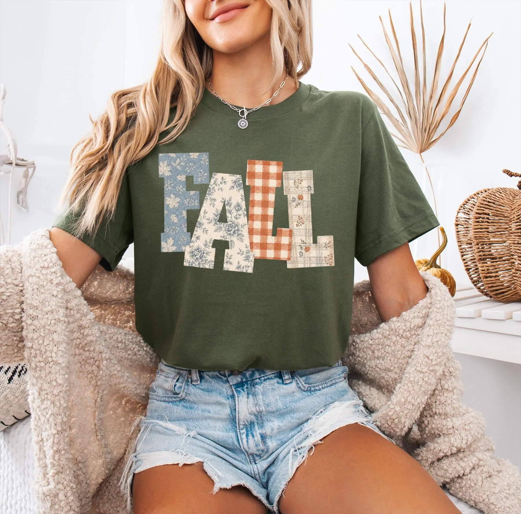 Flannel Fall Letters Shirt, Cozy Autumn Plaid Print Graphic Tee, Casual Short Sleeve Top for Mom - photo 3
