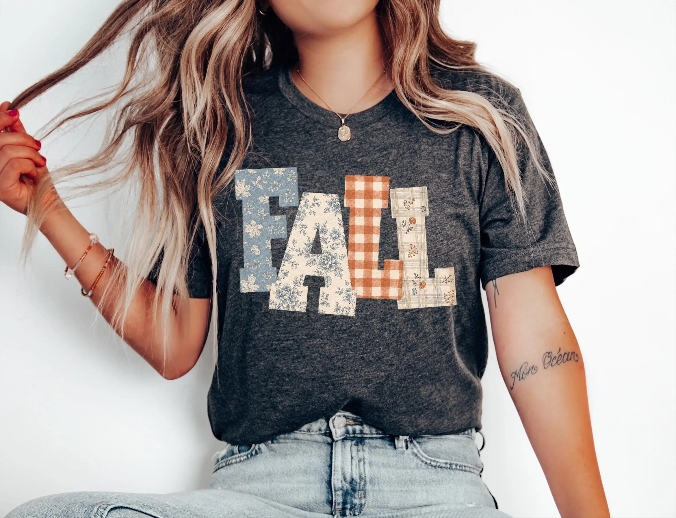 Flannel Fall Letters Shirt, Cozy Autumn Plaid Print Graphic Tee, Casual Short Sleeve Top for Mom - photo 4