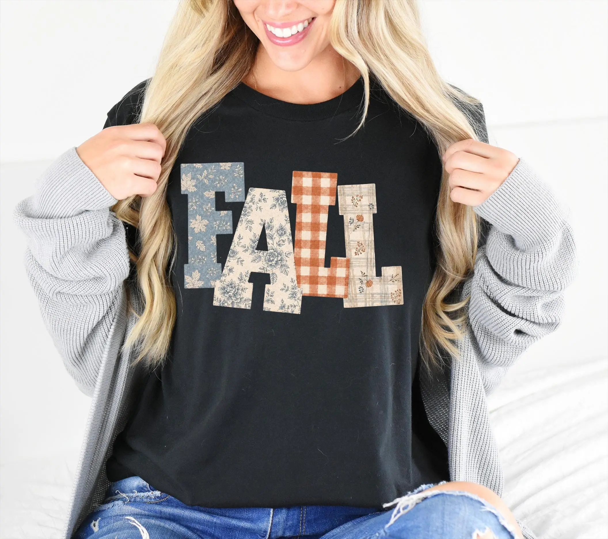Flannel Fall Letters Shirt, Cozy Autumn Plaid Print Graphic Tee, Casual Short Sleeve Top for Mom - photo 5