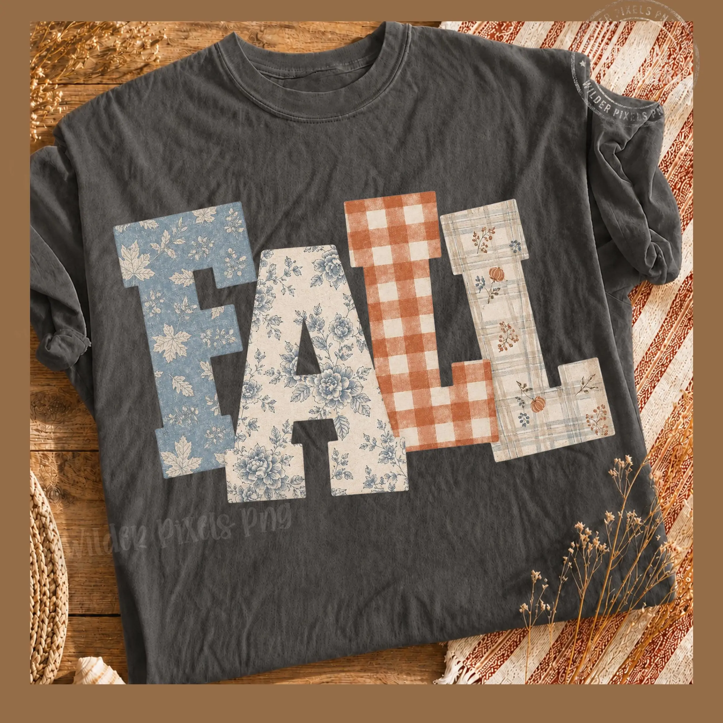 Flannel Fall Letters Word Quote Shirt, Cozy Autumn Season Graphic Tee for Women