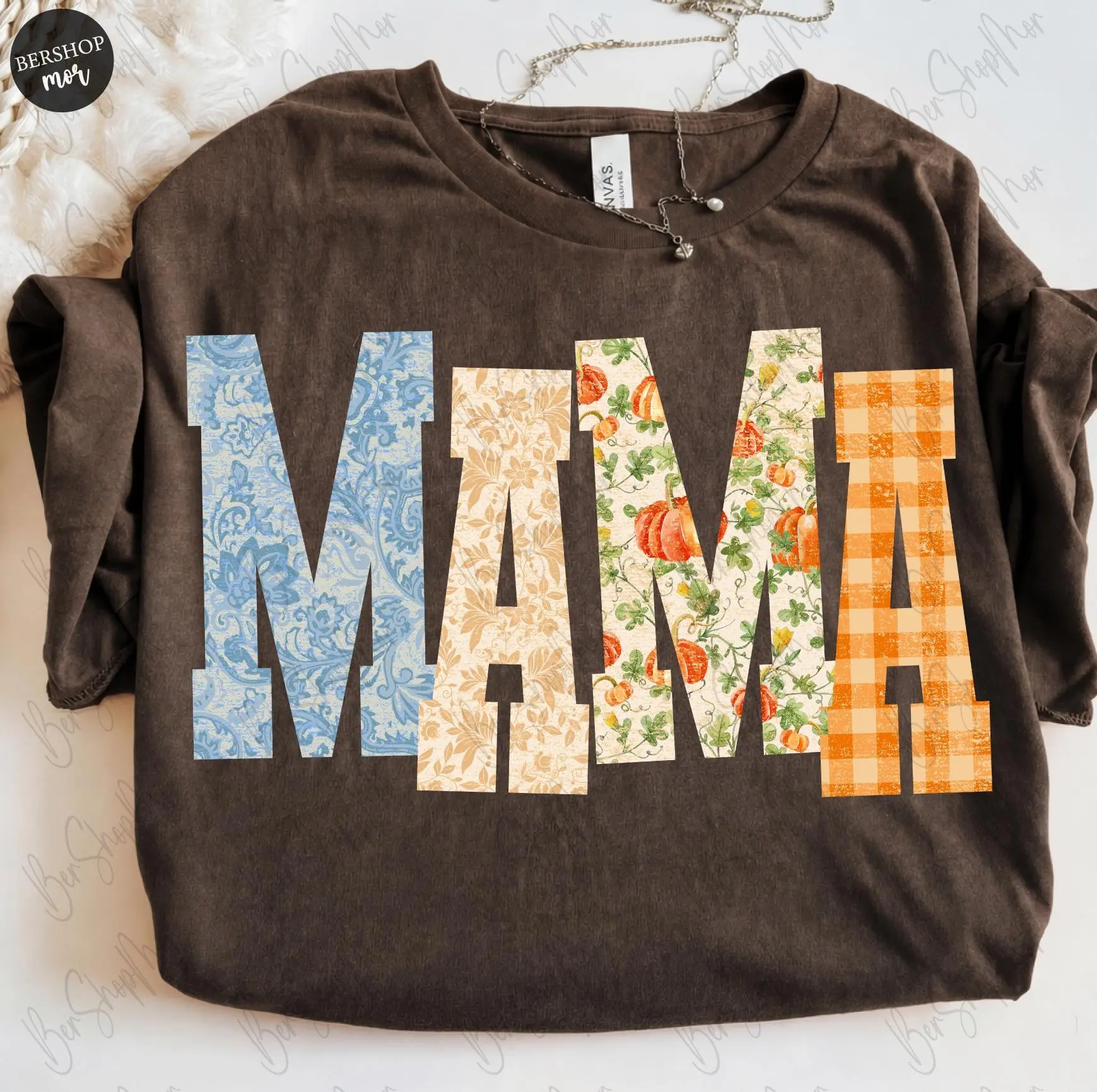 Flannel Mama Fall Letters Sweatshirt, Cozy Pumpkin Season Mom Autumn Vibes Graphic Crewneck for Women - photo 2