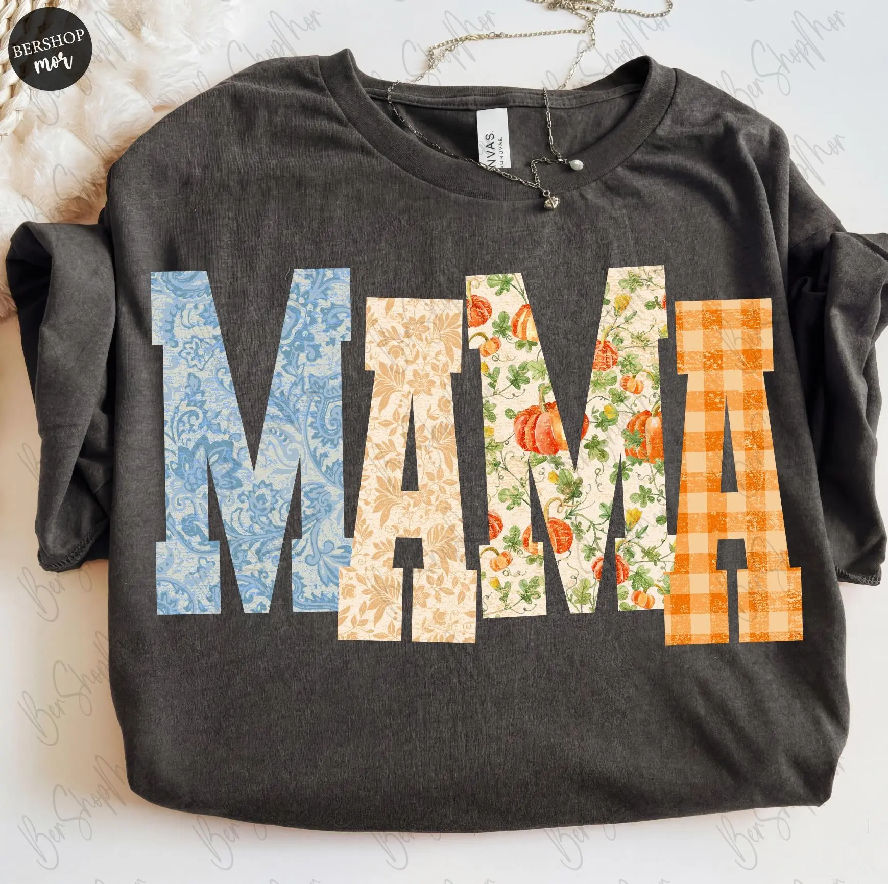 Flannel Mama Fall Letters Sweatshirt, Cozy Pumpkin Season Mom Autumn Vibes Graphic Crewneck for Women - photo 3