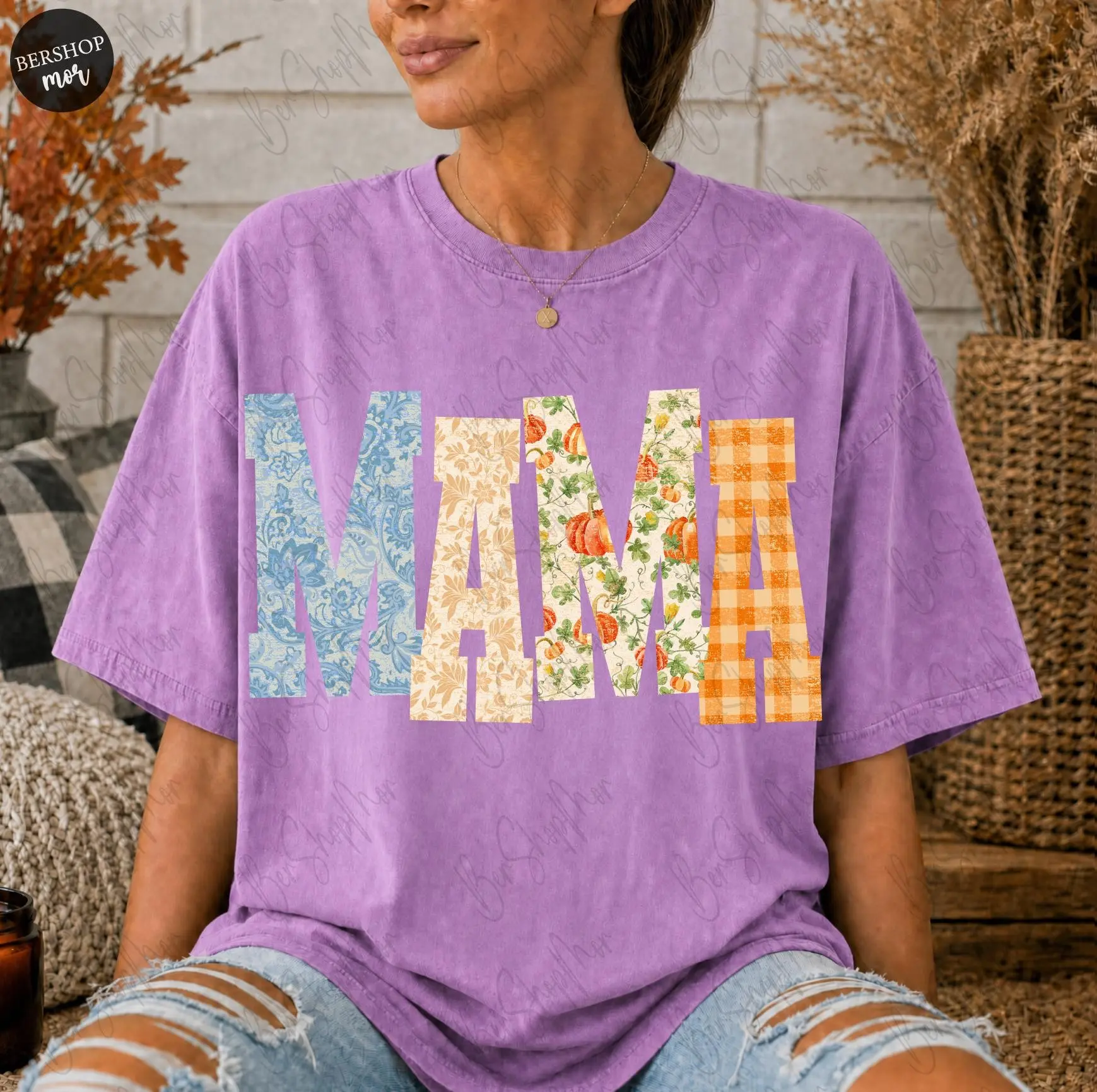 Flannel Mama Fall Letters Sweatshirt, Cozy Pumpkin Season Mom Autumn Vibes Graphic Crewneck for Women - photo 4