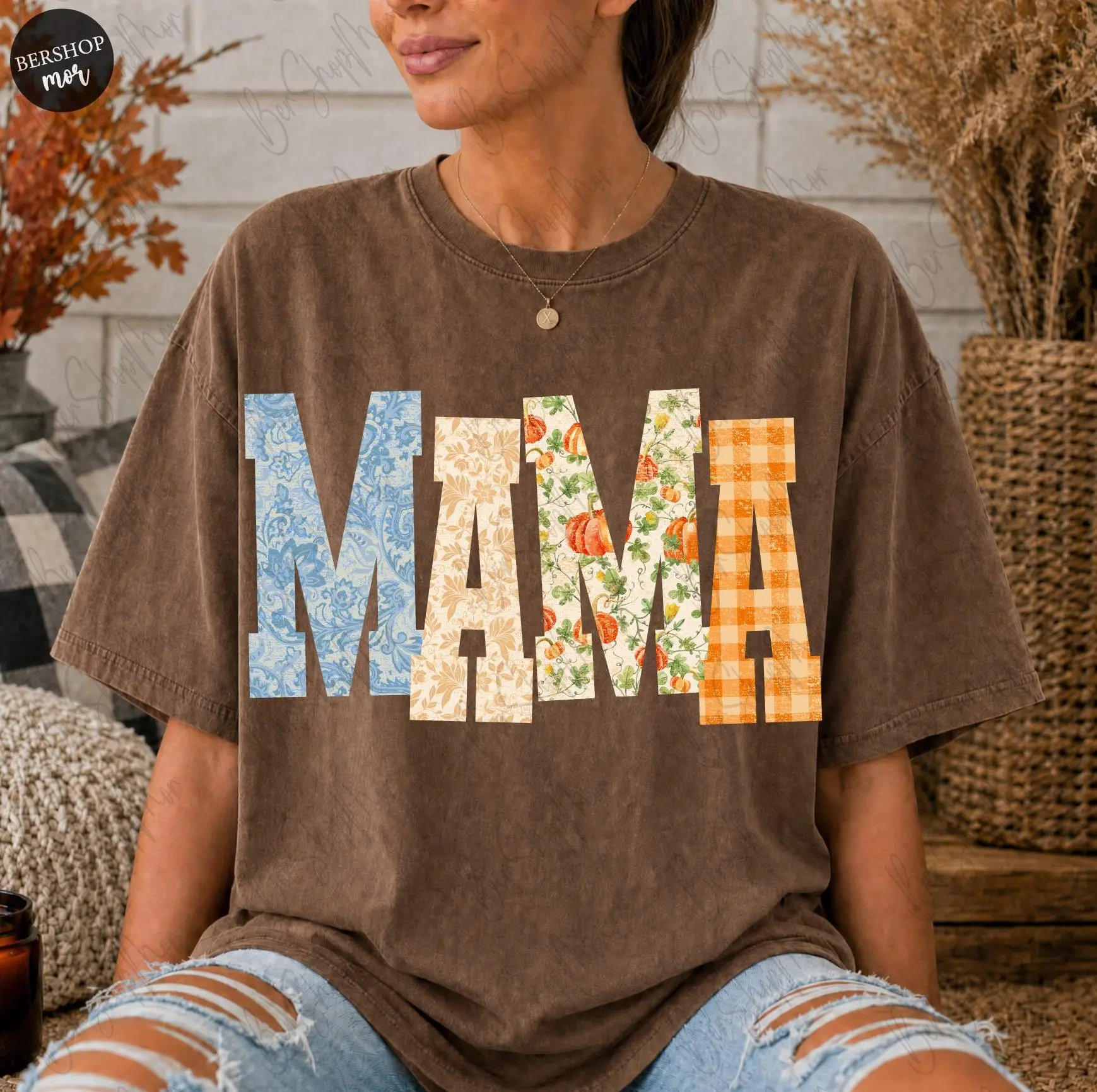Flannel Mama Fall Letters Sweatshirt, Cozy Pumpkin Season Mom Autumn Vibes Graphic Crewneck for Women - photo 5