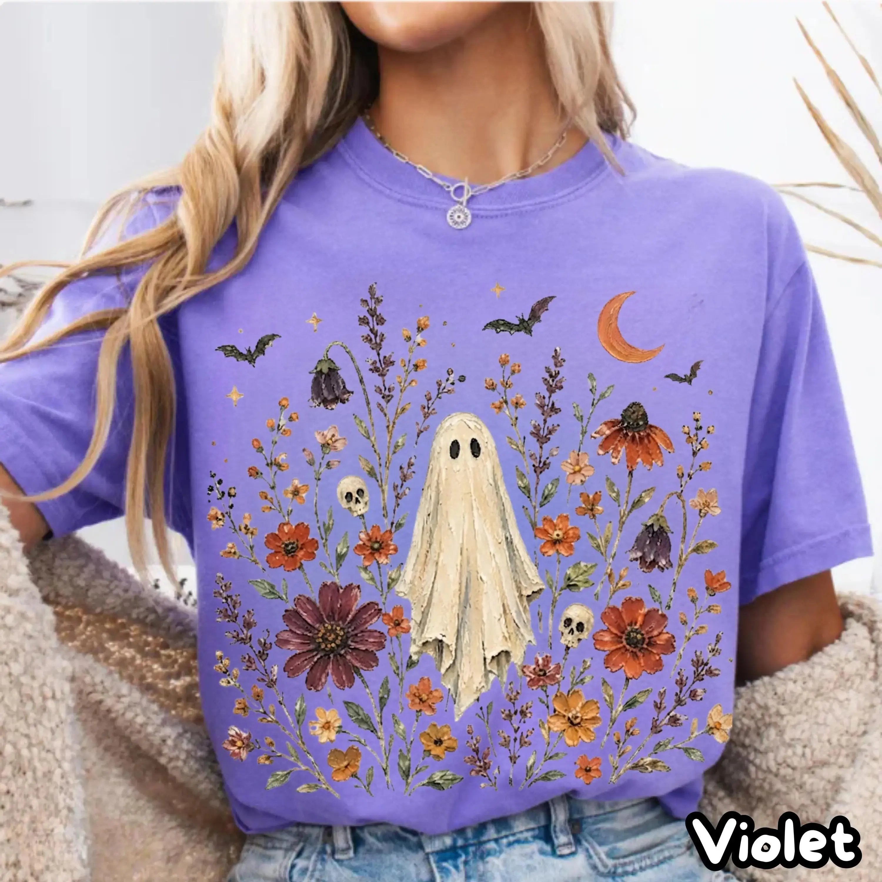 Floral Ghost Halloween Shirt, Cottagecore Comfort Colors Botanical Wildflower Tee, Cute Spooky Vintage Witchy Garden
