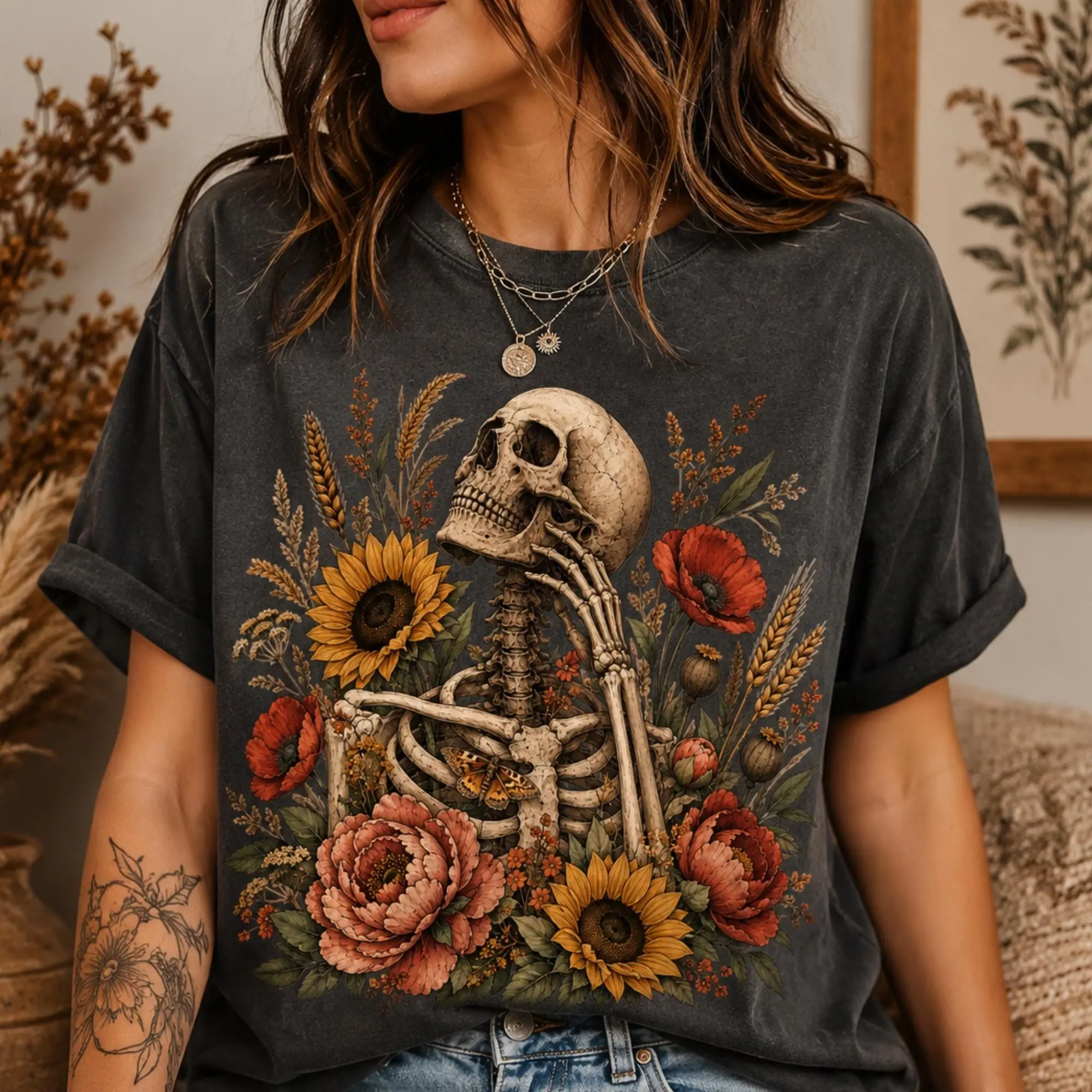 Floral Skeleton T-Shirt, Gothic Skull Flower Graphic Tee, Dark Cottagecore Botanical Unisex Top
