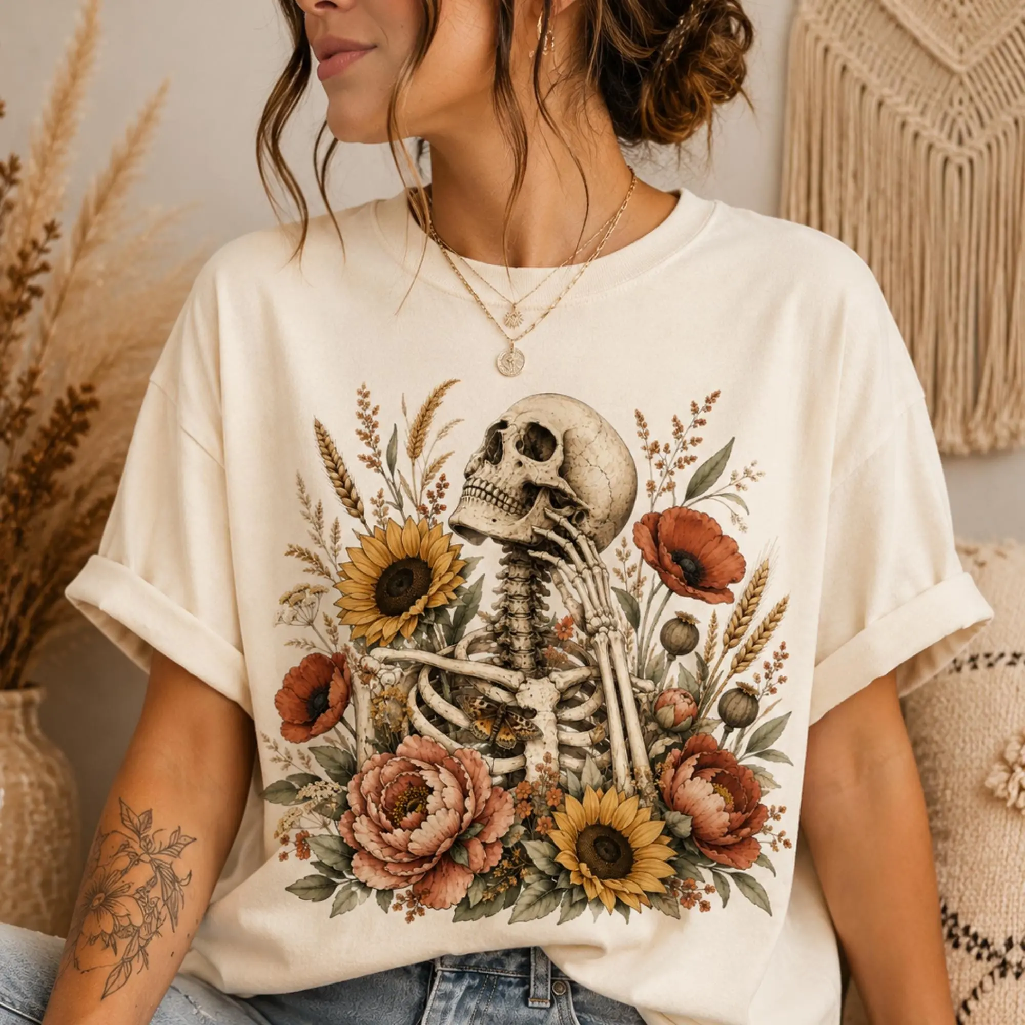 Floral Skeleton T-Shirt, Gothic Skull Flower Graphic Tee, Dark Cottagecore Botanical Unisex Top - photo 2