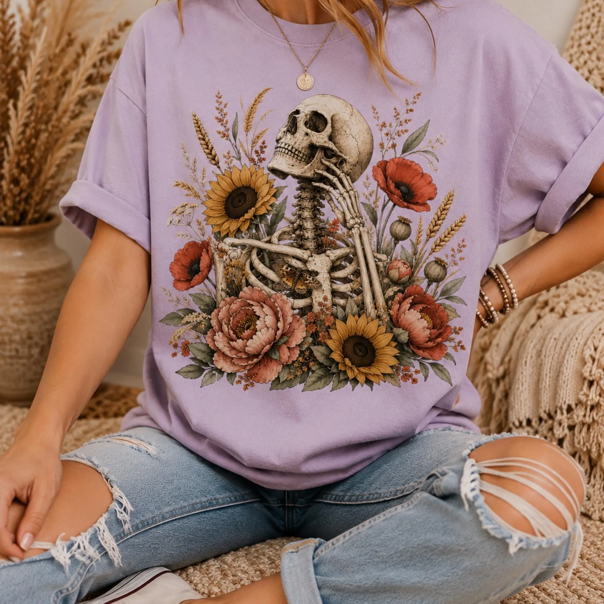 Floral Skeleton T-Shirt, Gothic Skull Flower Graphic Tee, Dark Cottagecore Botanical Unisex Top - photo 3