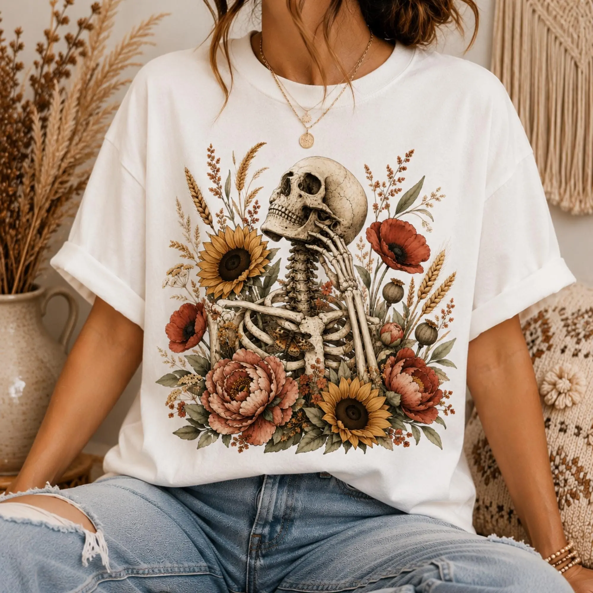 Floral Skeleton T-Shirt, Gothic Skull Flower Graphic Tee, Dark Cottagecore Botanical Unisex Top - photo 4