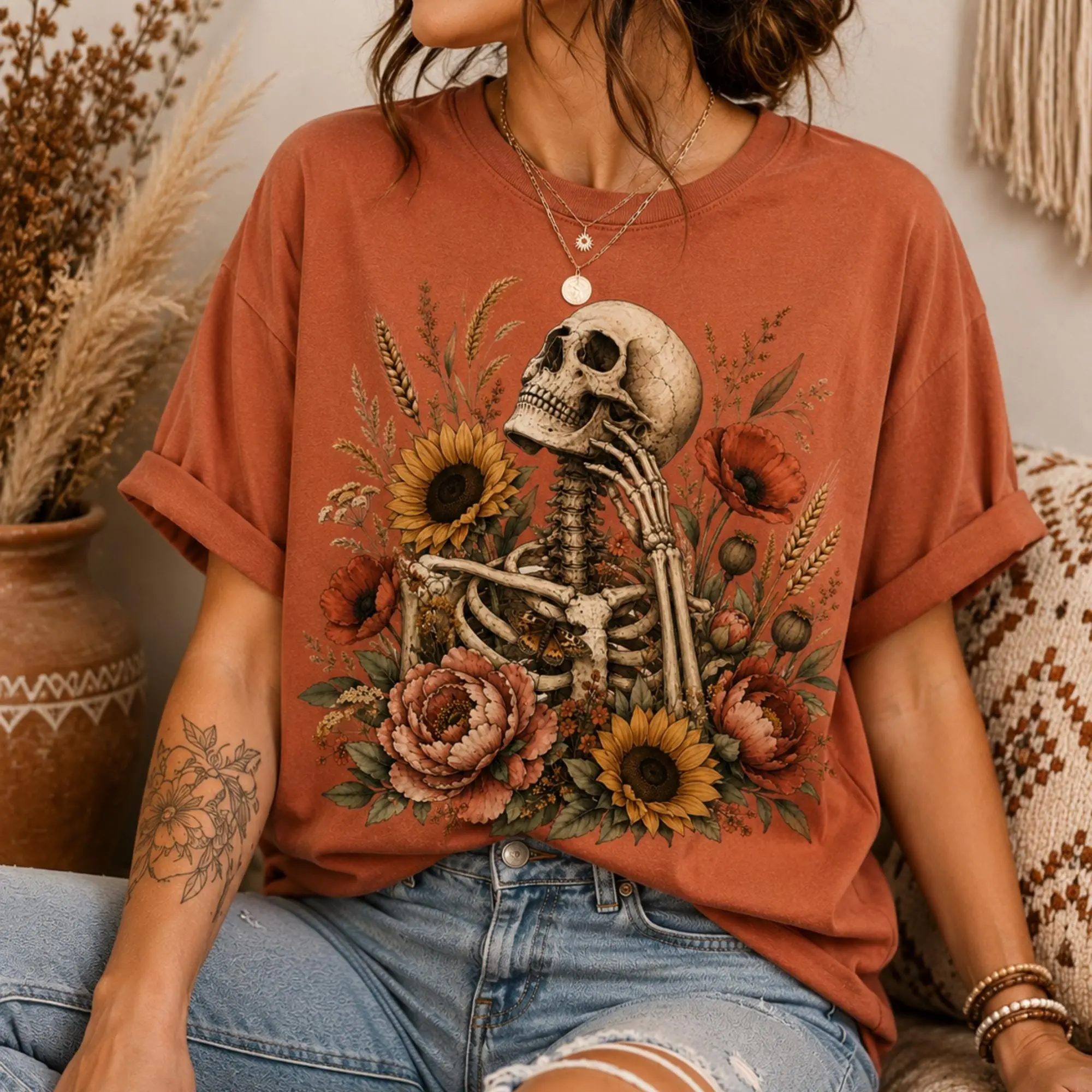 Floral Skeleton T-Shirt, Gothic Skull Flower Graphic Tee, Dark Cottagecore Botanical Unisex Top - photo 5