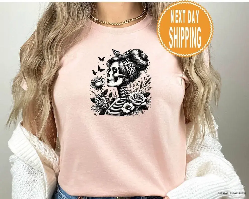 Floral Skeleton Woman Shirt for Women, Unique Skull Flowers Graphic Tee, Feminine Halloween Gift Top