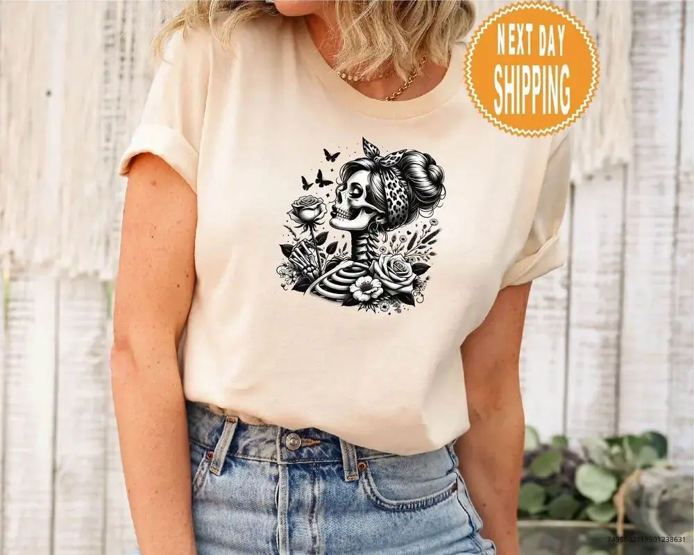 Floral Skeleton Woman Shirt for Women, Unique Skull Flowers Graphic Tee, Feminine Halloween Gift Top - photo 2