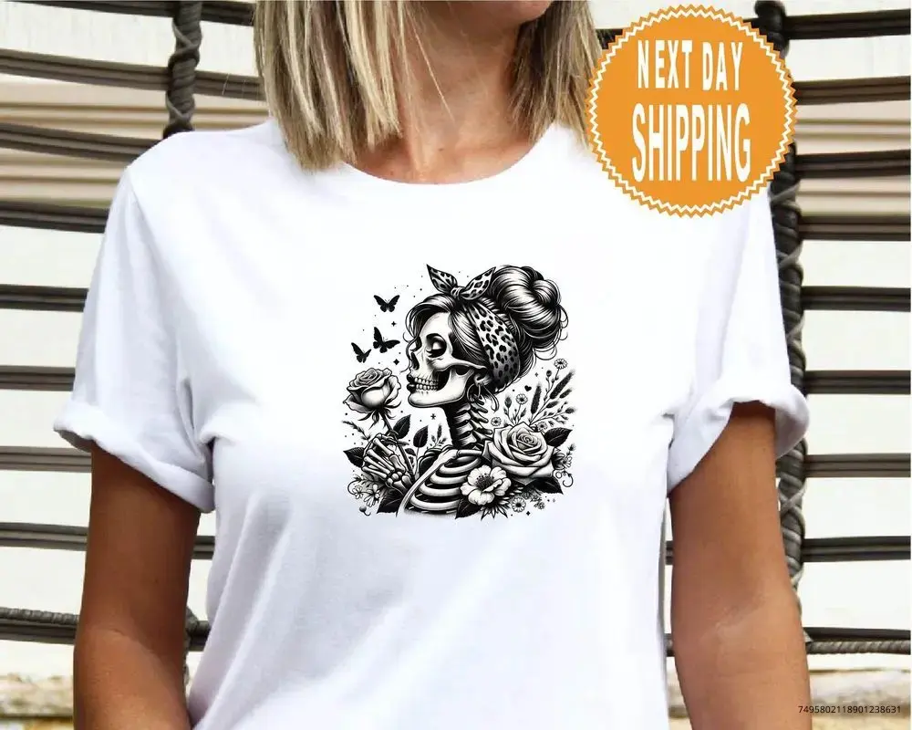 Floral Skeleton Woman Shirt for Women, Unique Skull Flowers Graphic Tee, Feminine Halloween Gift Top - photo 3