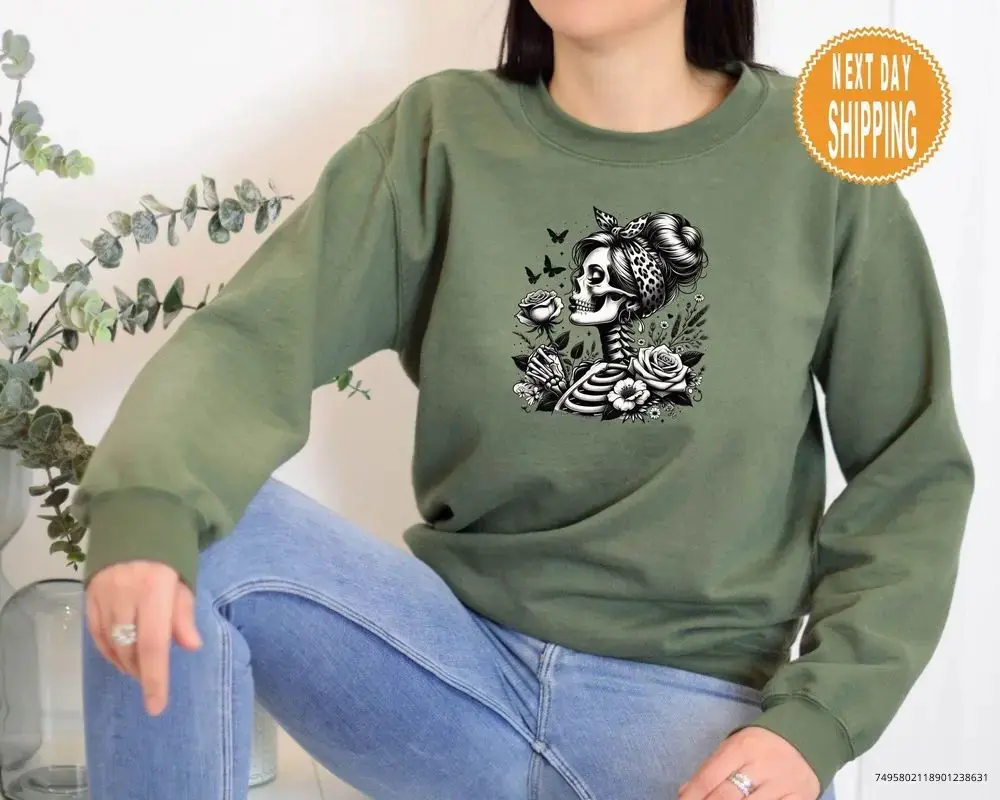 Floral Skeleton Woman Shirt for Women, Unique Skull Flowers Graphic Tee, Feminine Halloween Gift Top - photo 4