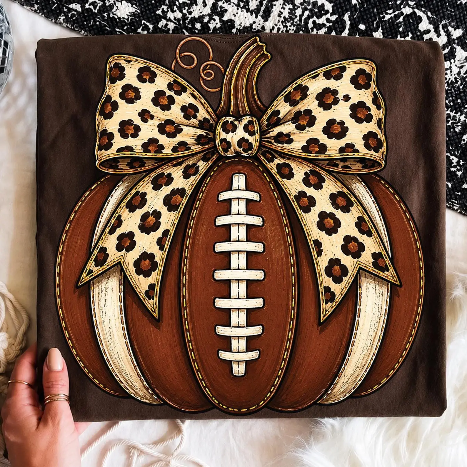 Football Fall Pumpkin Shirt, Leopard Bow Cozy Game Day Mom Sports Trendy Season Graphic Tee - photo 3