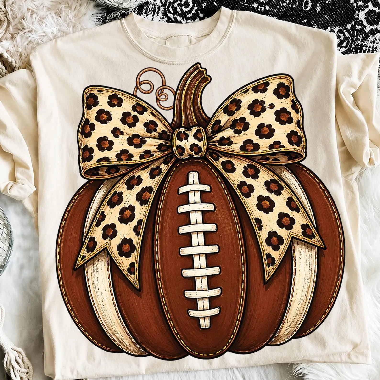 Football Fall Pumpkin Sweatshirt, Leopard Bow Cozy Game Day Mom Sports Trendy Season Graphic Top - photo 2