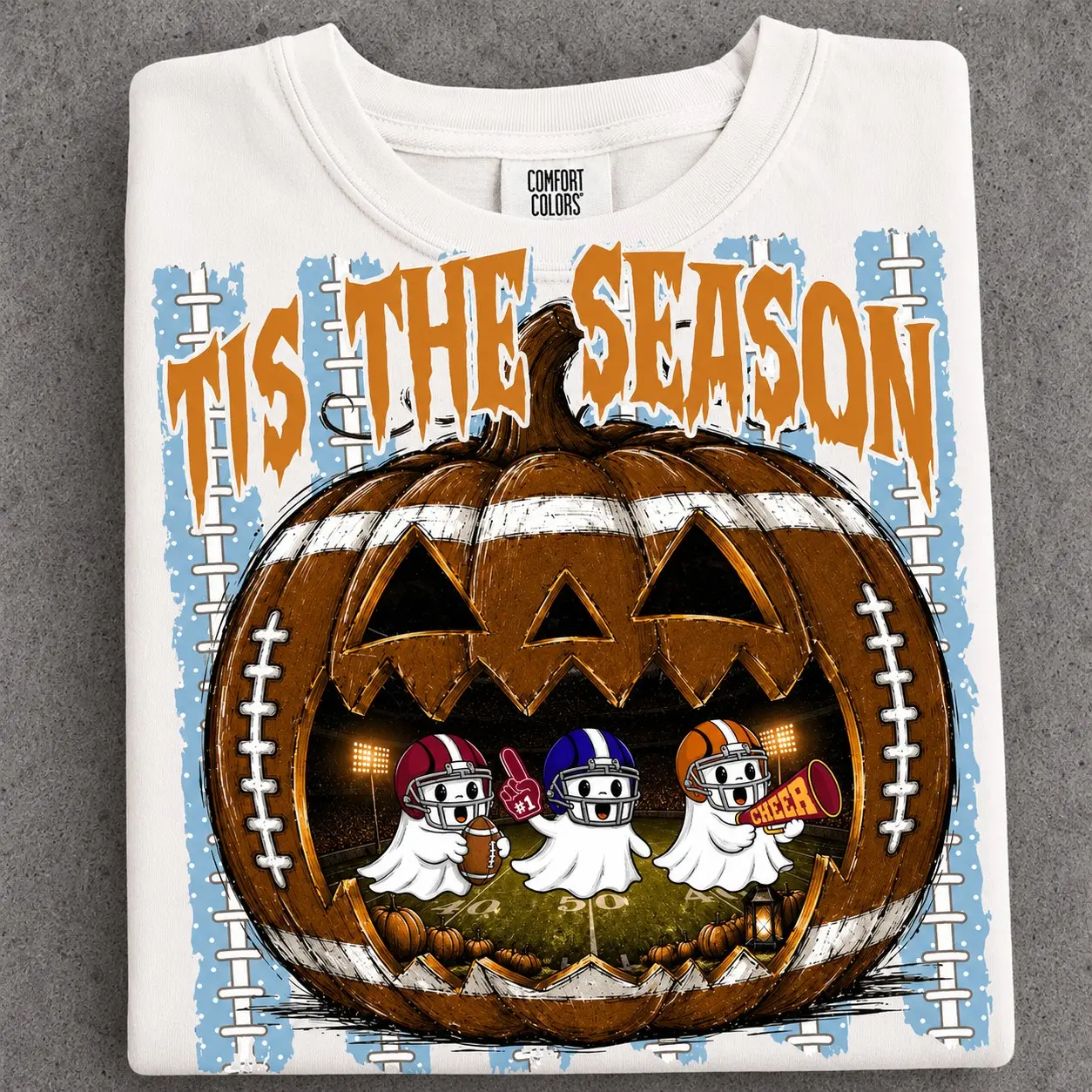 Football Pumpkin Ghost Halloween T-Shirt, Spooky Striped American Season Graphic Tee for Women