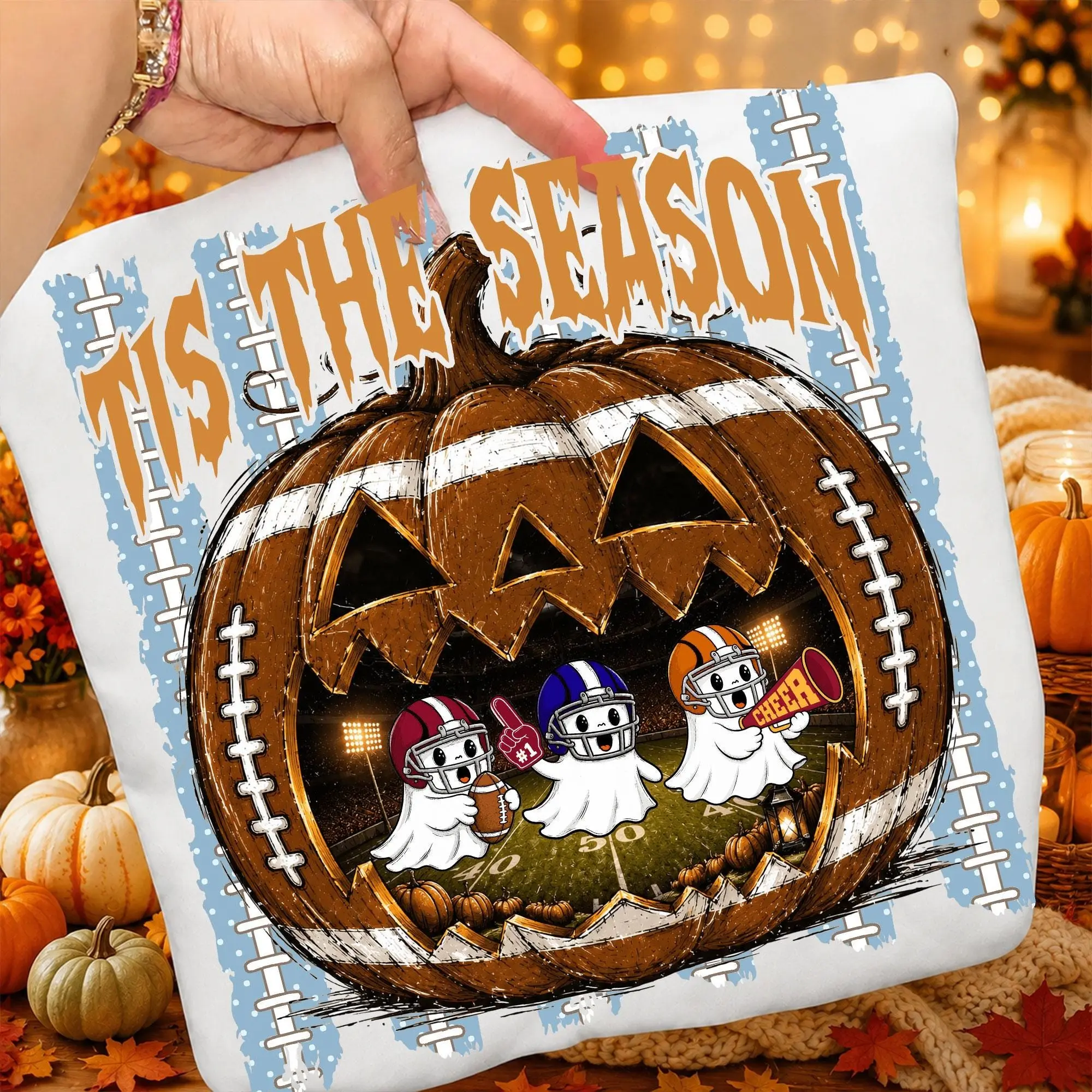 Football Pumpkin Ghost Halloween T-Shirt, Spooky Striped American Season Graphic Tee for Women - photo 2