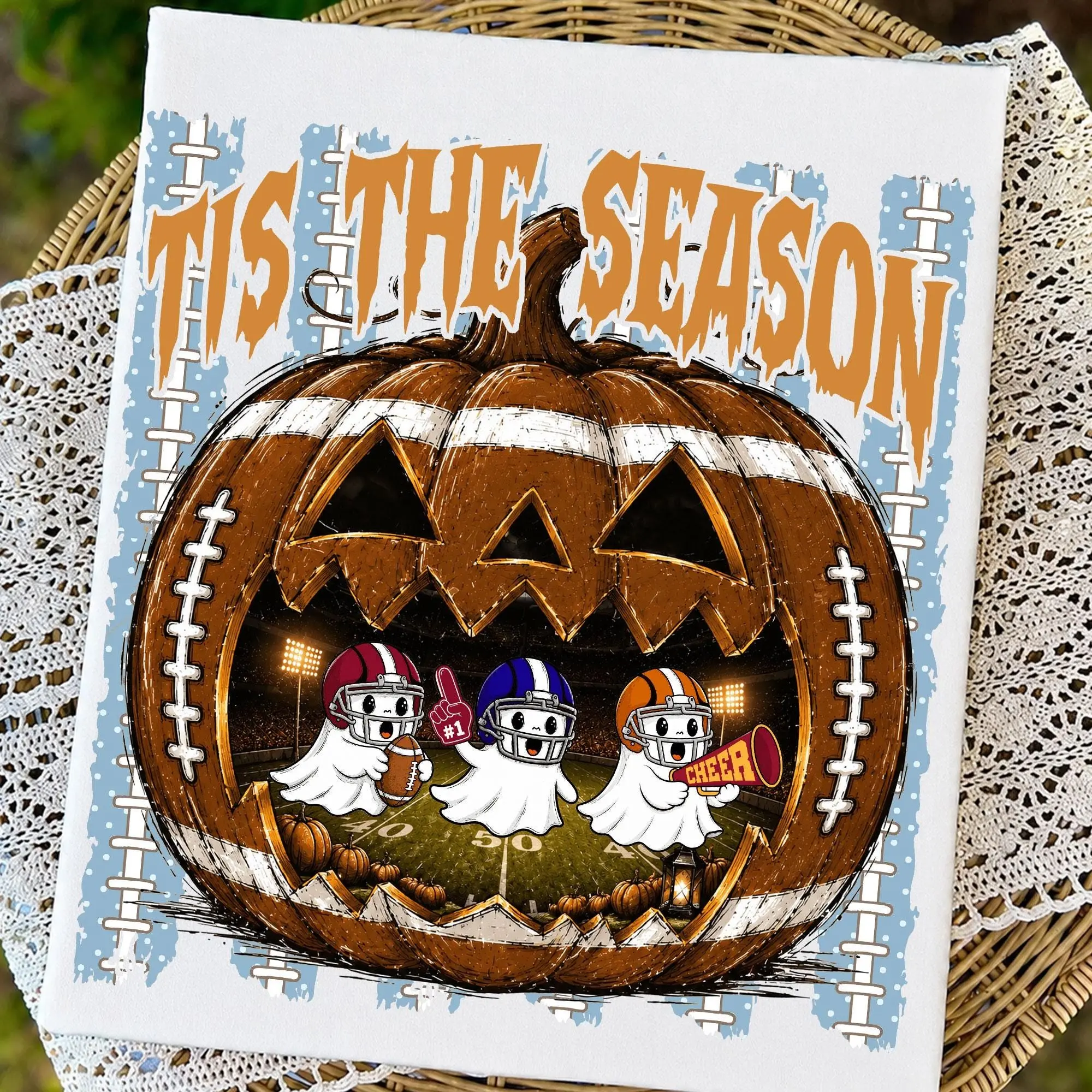 Football Pumpkin Ghost Halloween T-Shirt, Spooky Striped American Season Graphic Tee for Women - photo 3