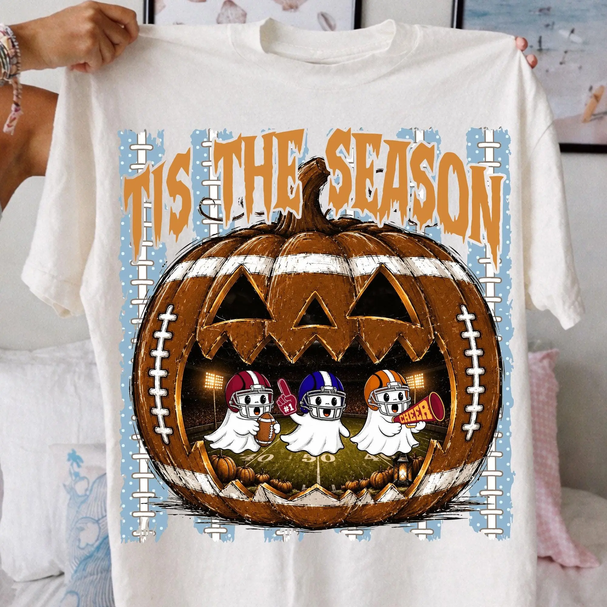 Football Pumpkin Ghost Halloween T-Shirt, Spooky Striped American Season Graphic Tee for Women - photo 4