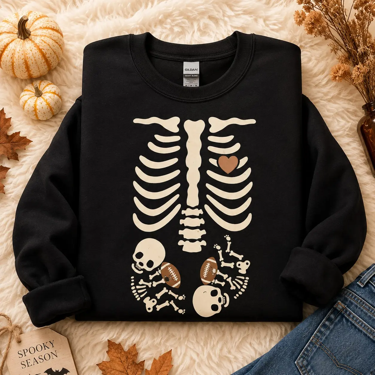 Football Twins Pregnancy Hoodie, Pregnant Skeleton Mom Graphic Pullover, Halloween Announcement Gift - photo 3