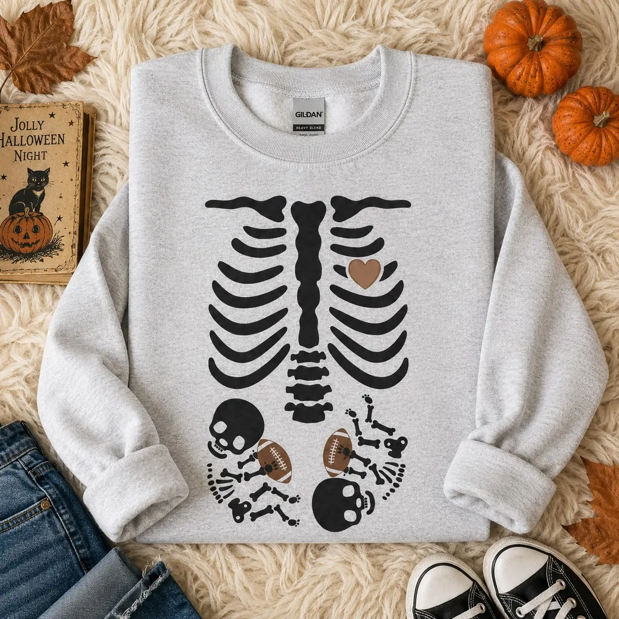 Football Twins Pregnancy Hoodie, Pregnant Skeleton Mom Graphic Pullover, Halloween Announcement Gift - photo 4