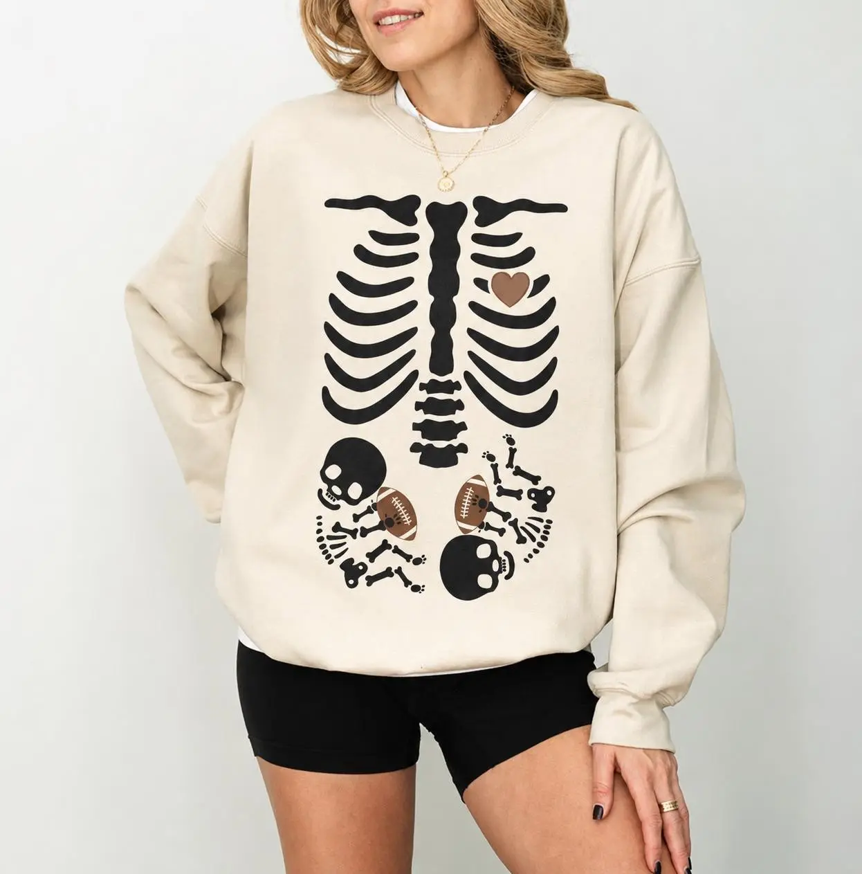Football Twins Pregnancy Sweatshirt, Pregnant Skeleton Mom Graphic Crewneck, Halloween Announcement Gift