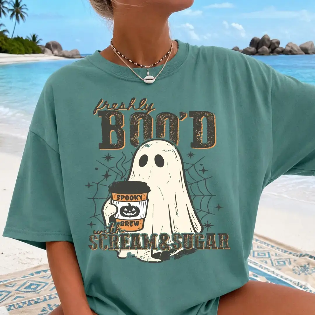 Comfort Colors Freshley Boo'd Coffee Shirt, Trendy Spooky Season Halloween Graphic Tee for Women